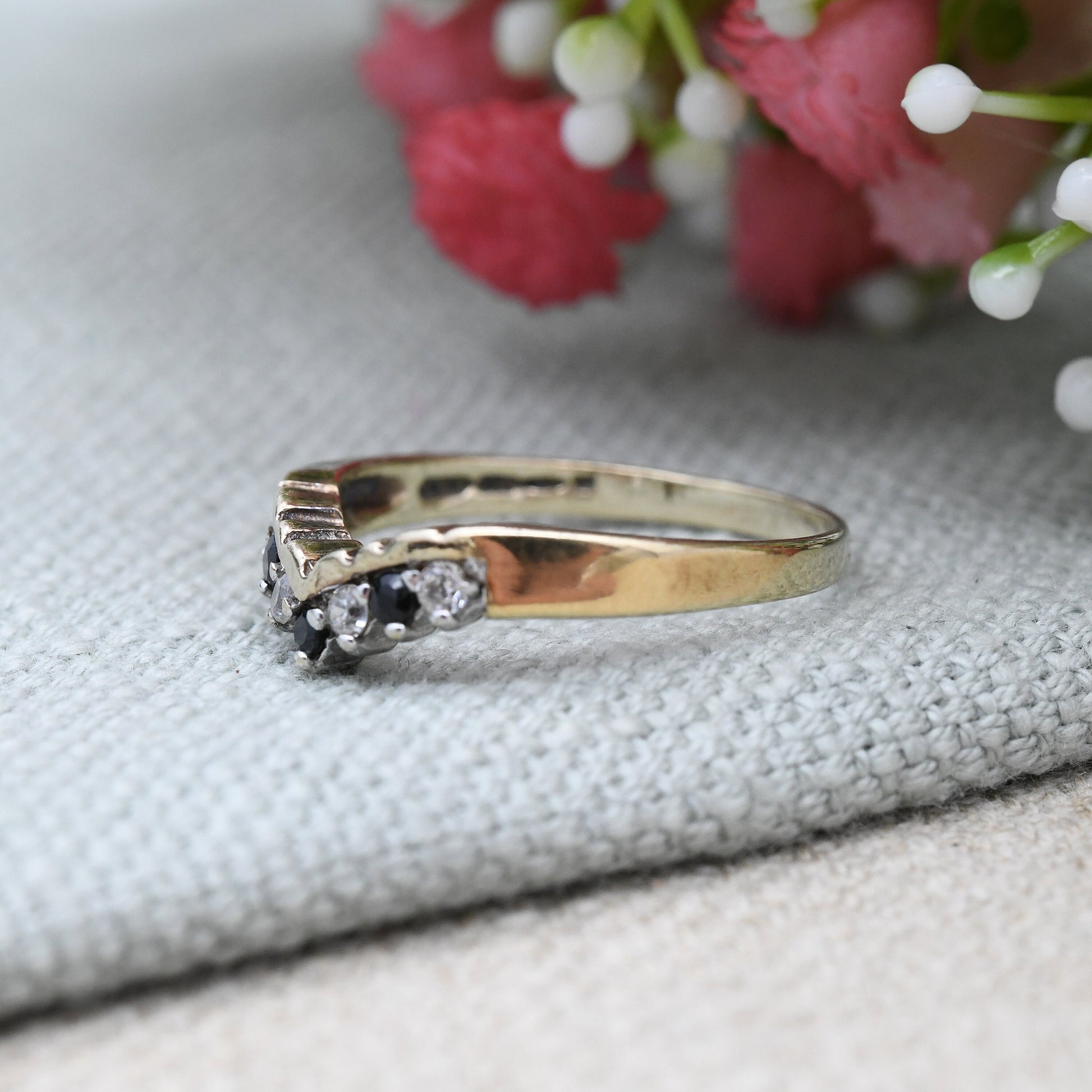 Vintage Sterling Silver Sapphire CZ Wishbone Ring - Gold Plated | Pretty Gift for Her | UK Size - S 1/2 | US Size - 9 1/4