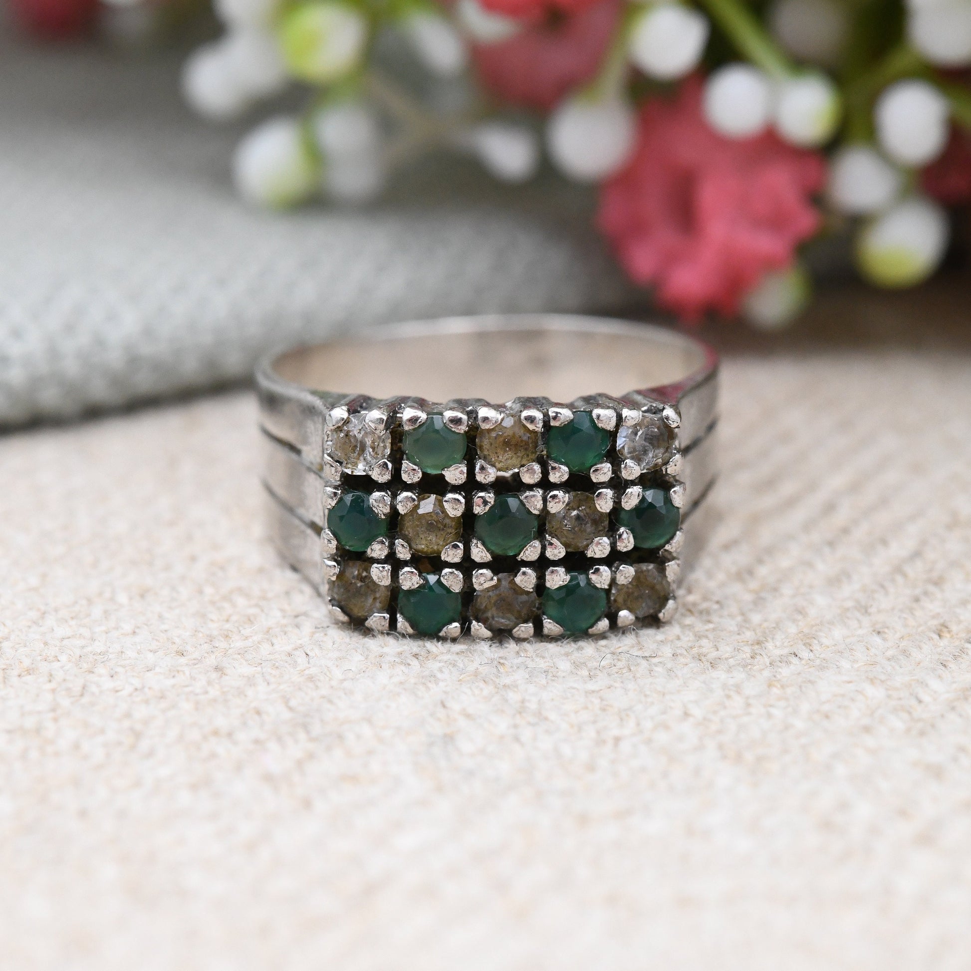 Vintage European Silver Emerald and White Stone Triple Band Ring - Rectangle Cocktail Ring | UK Size - O 1/2 | US Size - 7 1/2