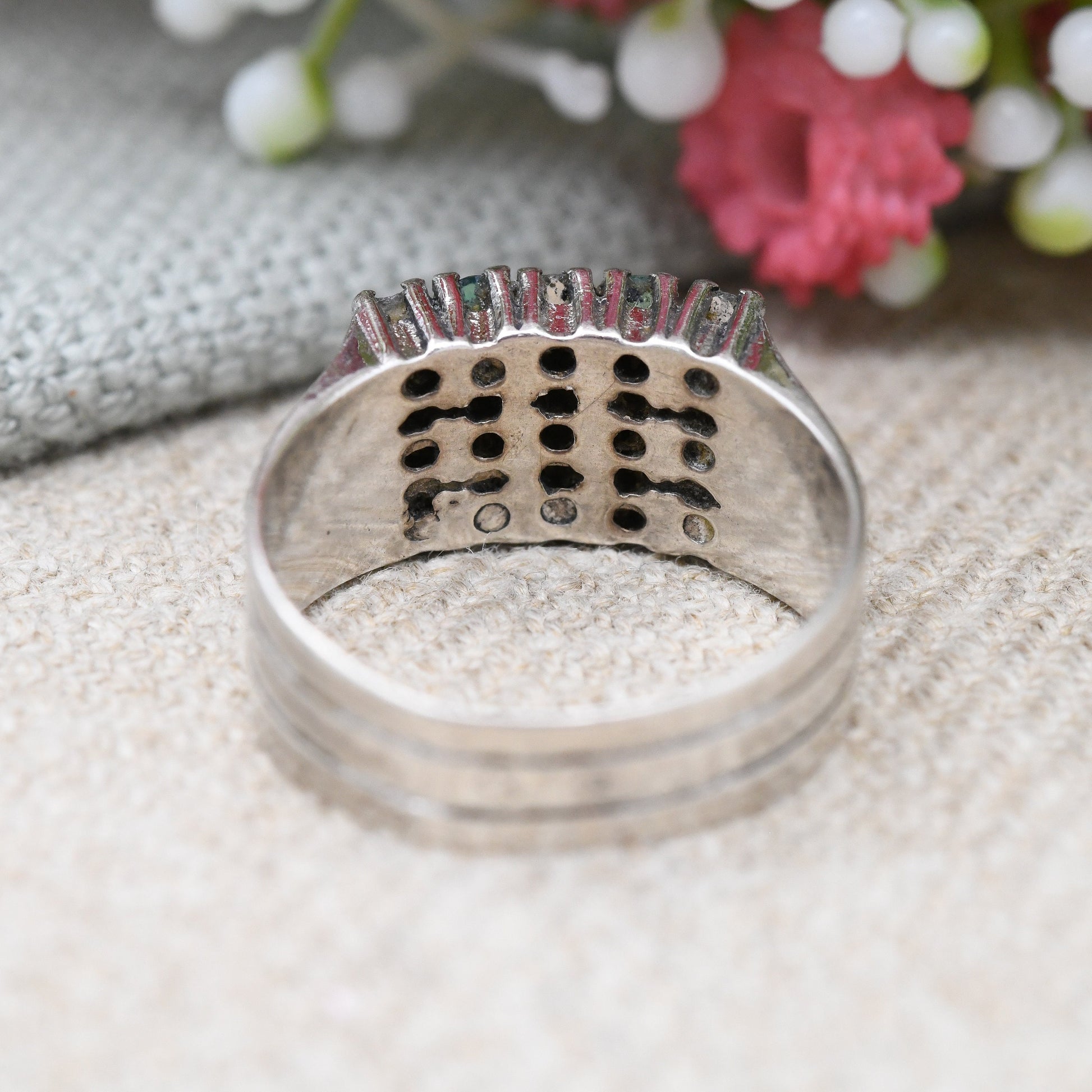 Vintage European Silver Emerald and White Stone Triple Band Ring - Rectangle Cocktail Ring | UK Size - O 1/2 | US Size - 7 1/2