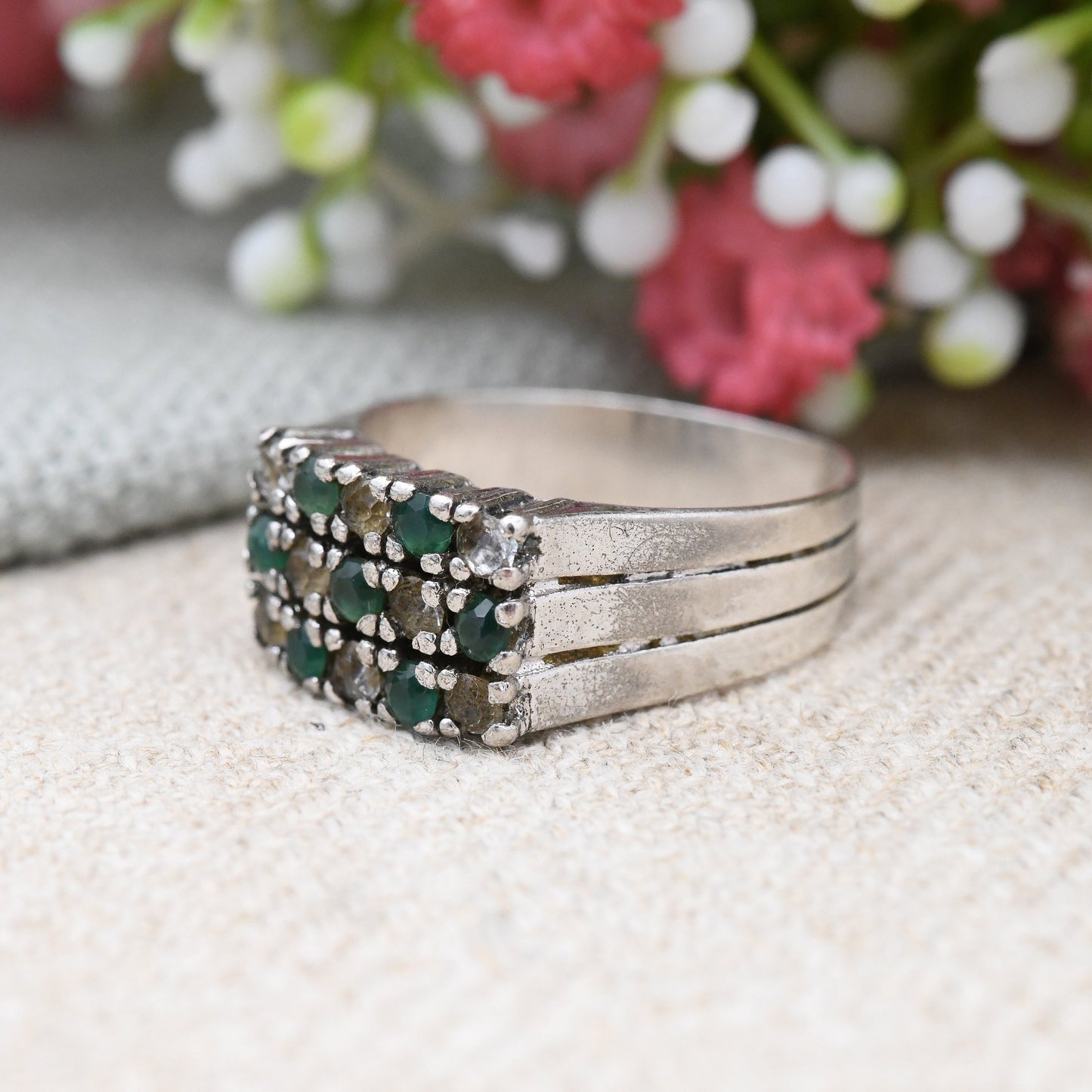 Vintage European Silver Emerald and White Stone Triple Band Ring - Rectangle Cocktail Ring | UK Size - O 1/2 | US Size - 7 1/2