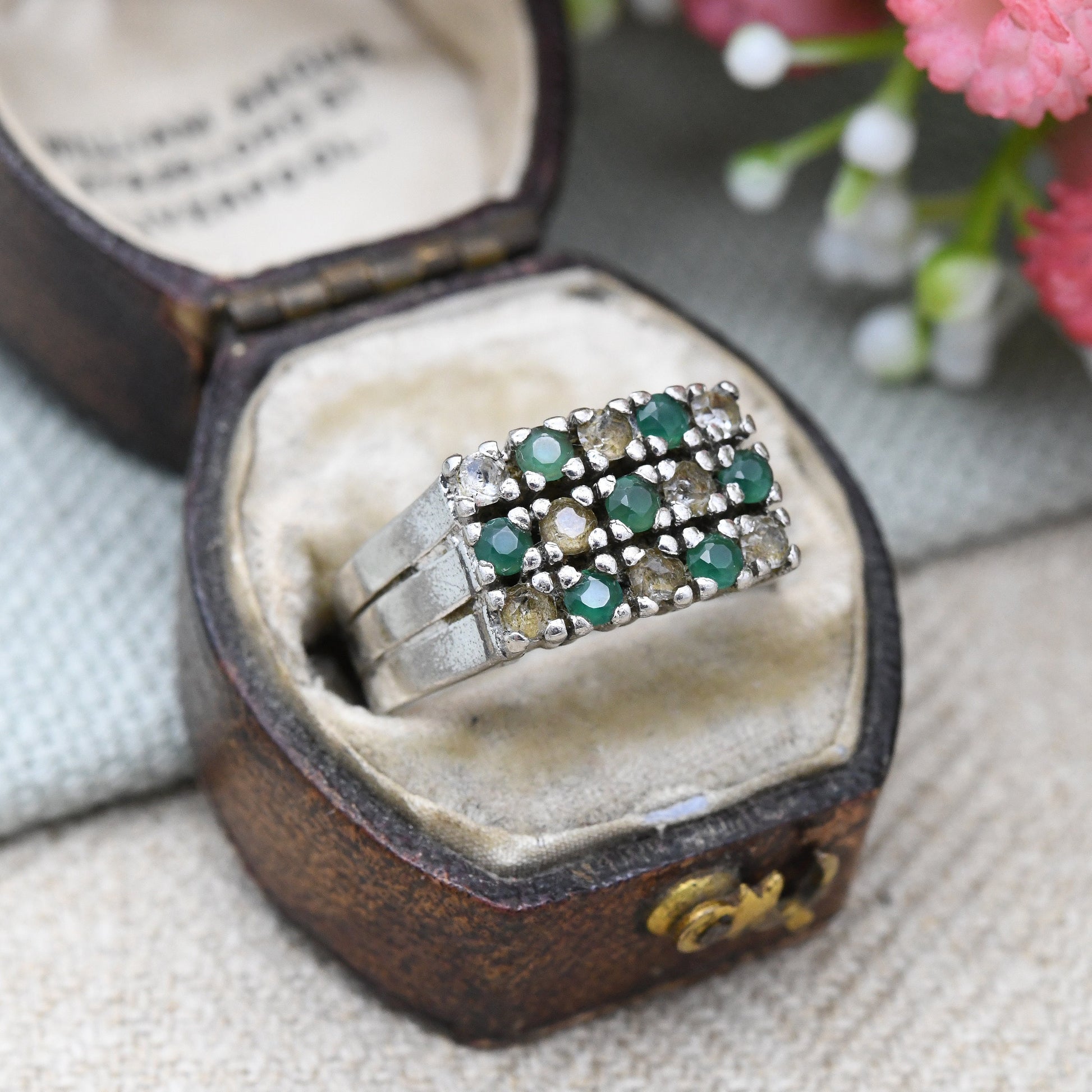 Vintage European Silver Emerald and White Stone Triple Band Ring - Rectangle Cocktail Ring | UK Size - O 1/2 | US Size - 7 1/2