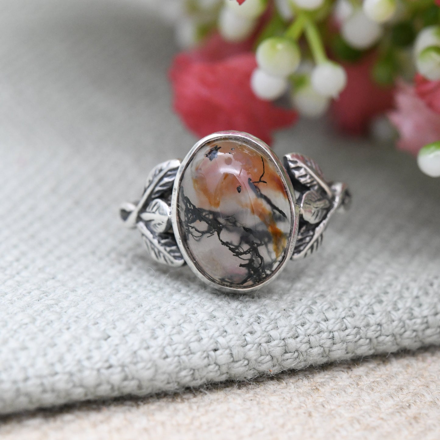 Vintage Sterling Silver Moss Agate Ring with Leaf Setting - Statement Mid-Century Gemstone Orange Green | UK Size - K 1/2 | US Size - 5 1/2