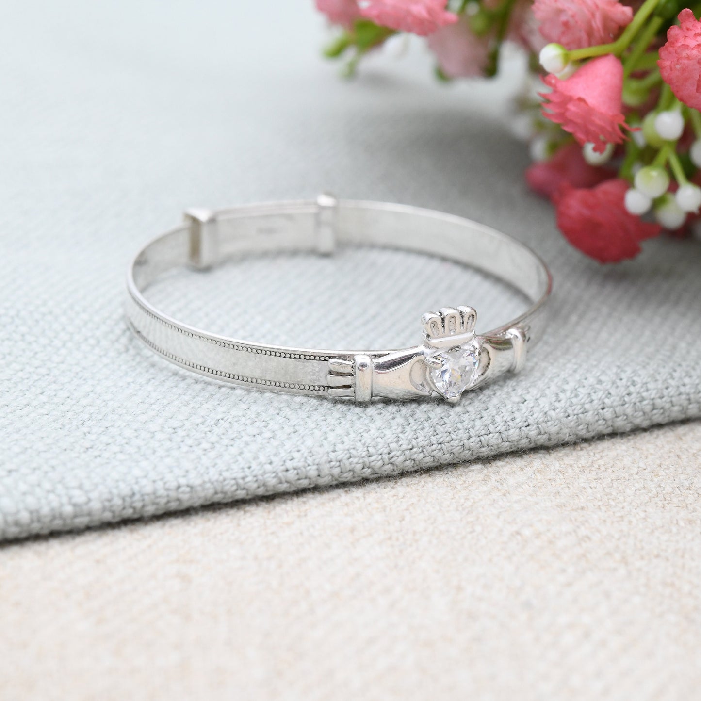 Vintage Sterling Silver Baby Bangle Bracelet with Claddagh CZ Heart - Expanding Child Bangle | Irish Hands Holding Heart | Sparkly Gift