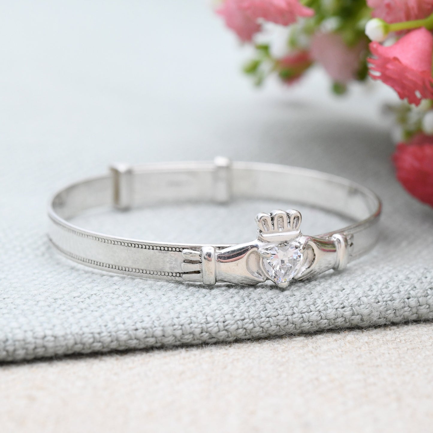 Vintage Sterling Silver Baby Bangle Bracelet with Claddagh CZ Heart - Expanding Child Bangle | Irish Hands Holding Heart | Sparkly Gift