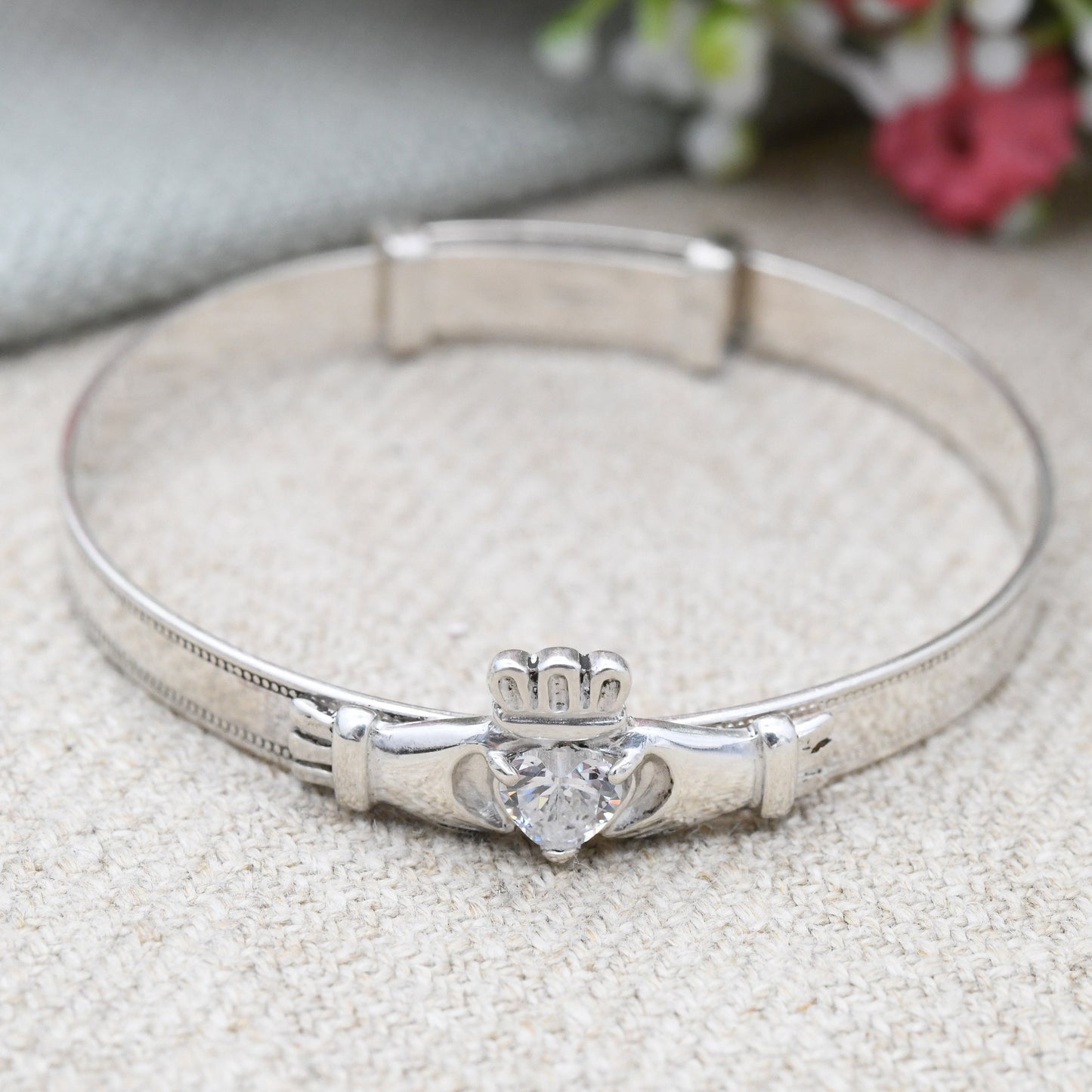 Vintage Sterling Silver Baby Bangle Bracelet with Claddagh CZ Heart - Expanding Child Bangle | Irish Hands Holding Heart | Sparkly Gift