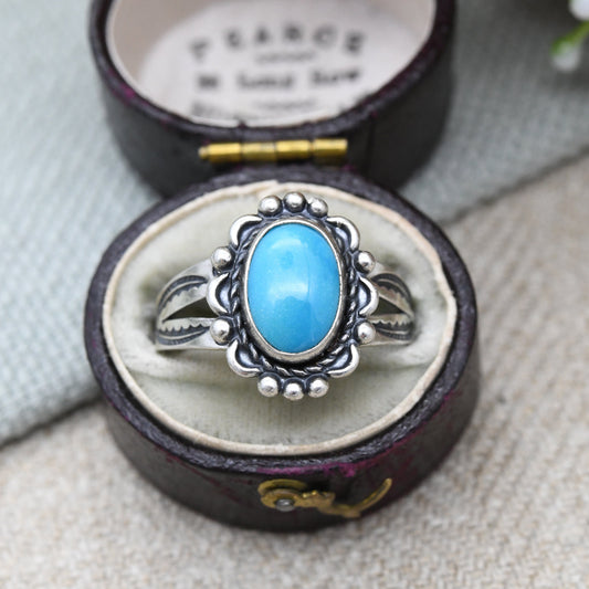 Vintage Bell Trading Post Sterling Silver Turquoise Ring - Southwestern Silver | Pretty Engraving Ornate | UK Size - Q 1/2 | US Size - 8 1/4