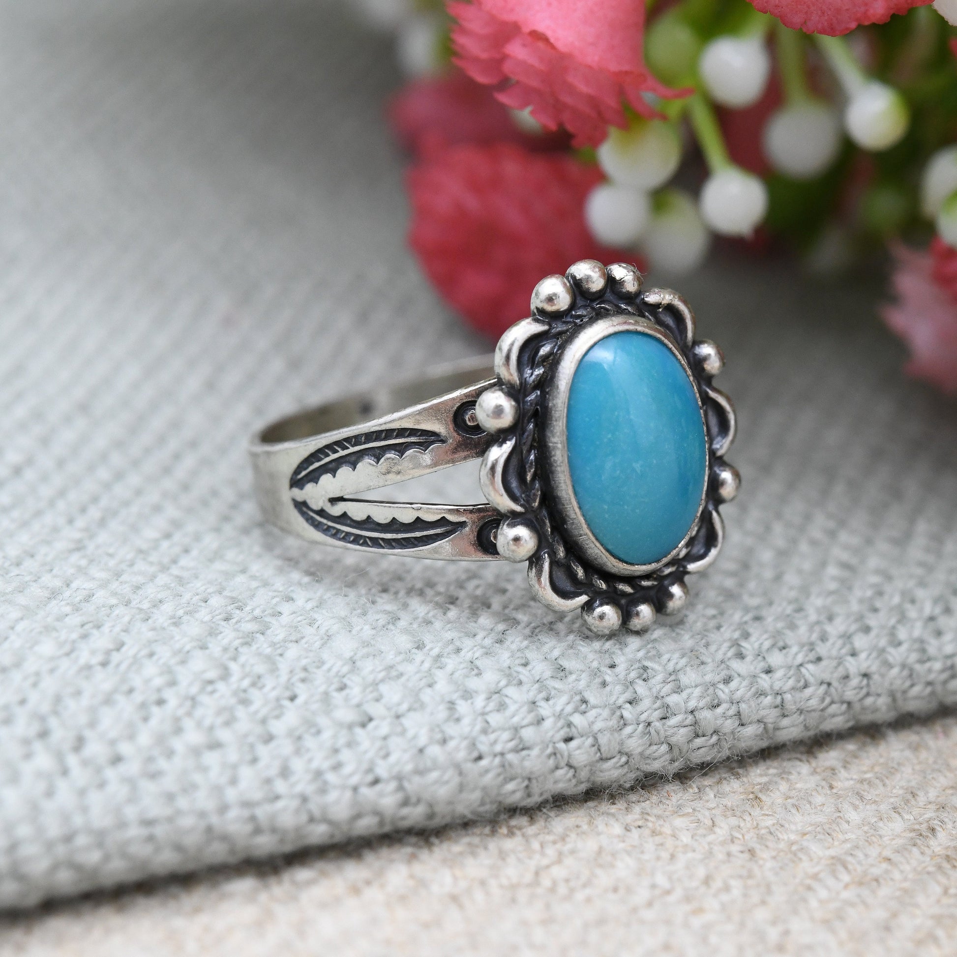 Vintage Bell Trading Post Sterling Silver Turquoise Ring - Southwestern Silver | Pretty Engraving Ornate | UK Size - Q 1/2 | US Size - 8 1/4