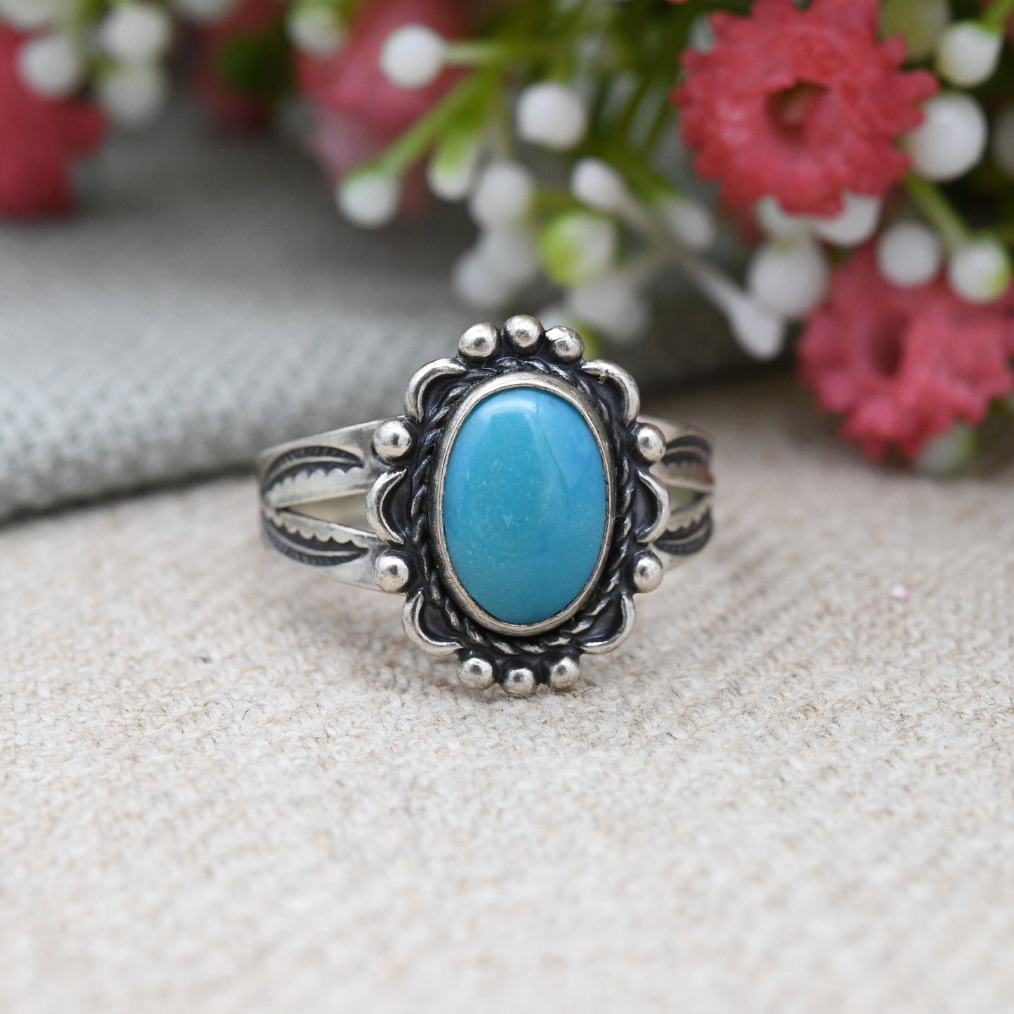 Vintage Bell Trading Post Sterling Silver Turquoise Ring - Southwestern Silver | Pretty Engraving Ornate | UK Size - Q 1/2 | US Size - 8 1/4