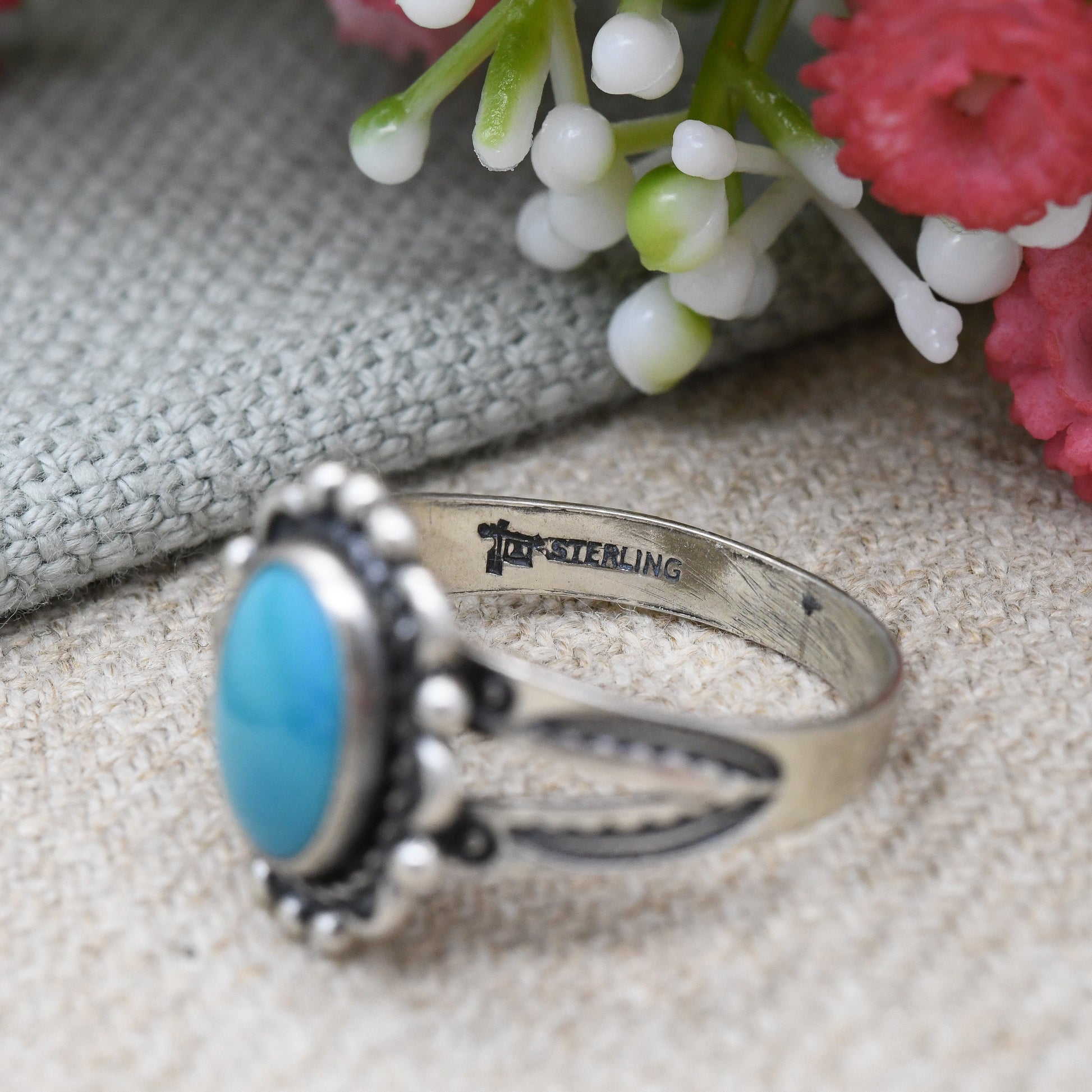 Vintage Bell Trading Post Sterling Silver Turquoise Ring - Southwestern Silver | Pretty Engraving Ornate | UK Size - Q 1/2 | US Size - 8 1/4