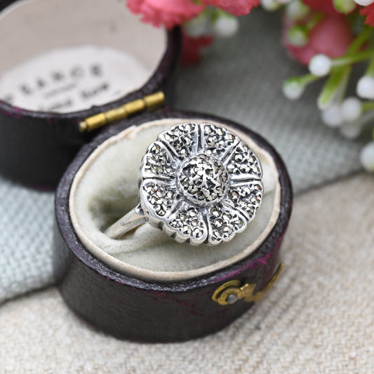 Vintage Sterling Silver Marcasite Flower Ring - Statement Cocktail Ring | UK Size - Q | US Size - 8