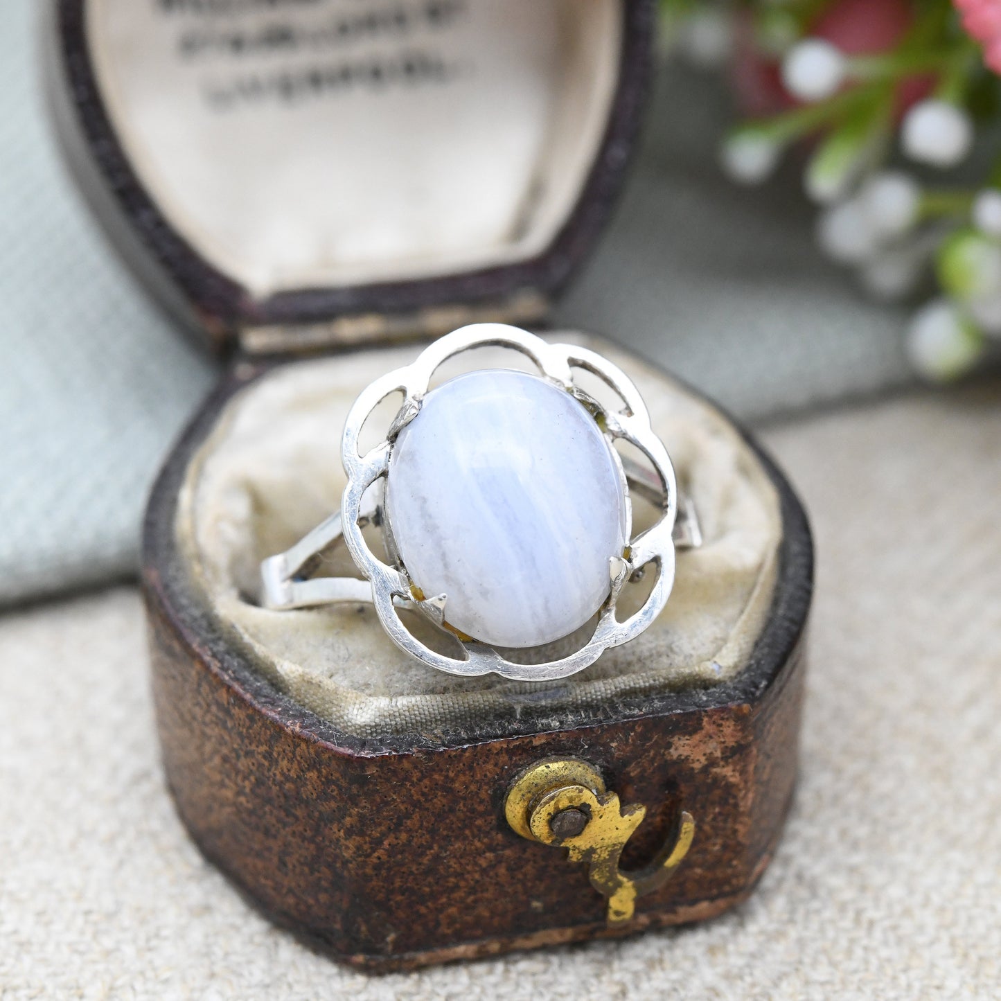 Vintage Sterling Silver Blue Lace Agate Ring - Mid-Century Flower Ring | Banded Agate Gemstone | UK Size - P | US Size - 7 1/2