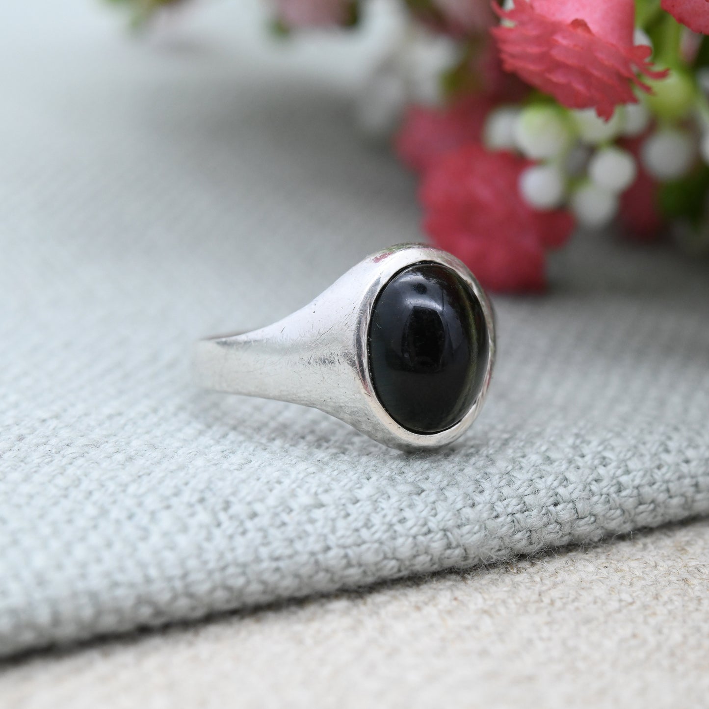 Vintage Sterling Silver Black Tiger's Eye Signet Ring - Unusual Chatoyant Dark Gemstone Unisex Jewellery | UK Size - P | US Size - 7 1/2