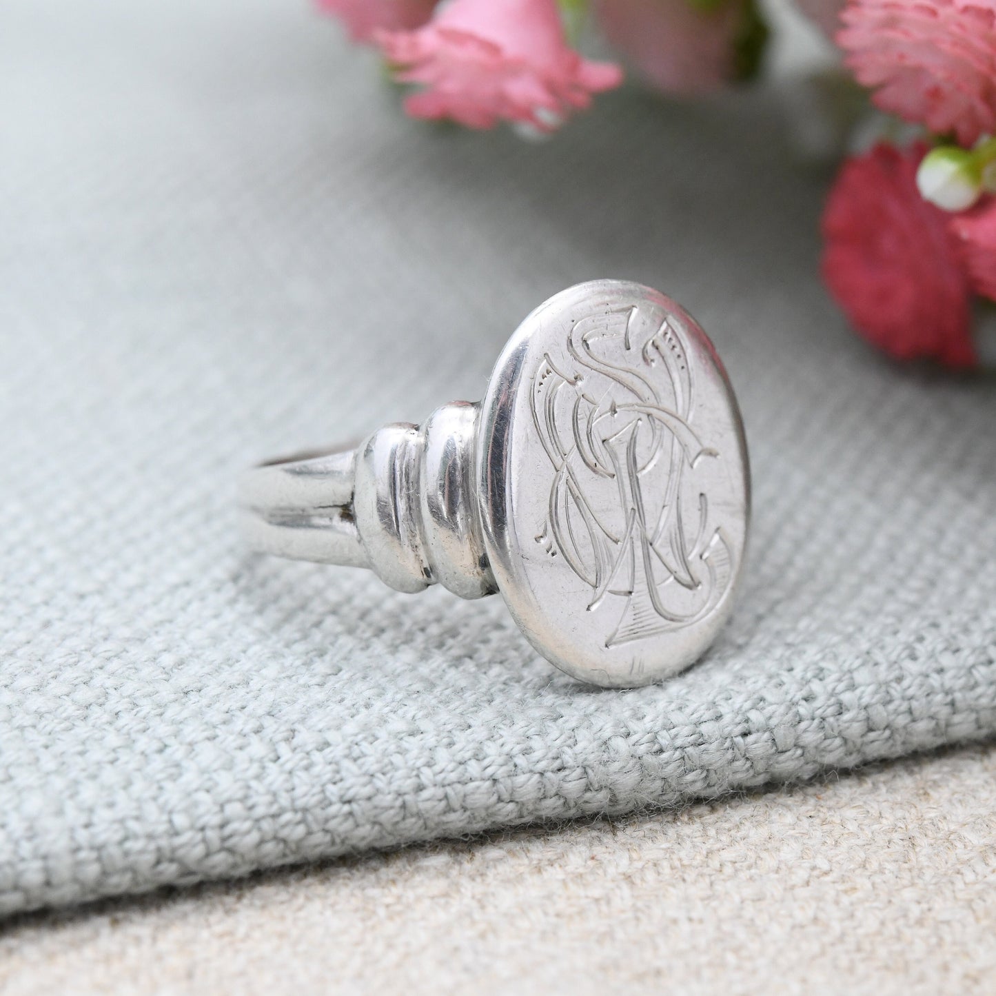 Vintage Silver Monogram Signet Ring - Large Chunky Engraved Initial Ring | Sentimental Silver Jewellery | UK Size - V 1/2 | US Size - 10 3/4