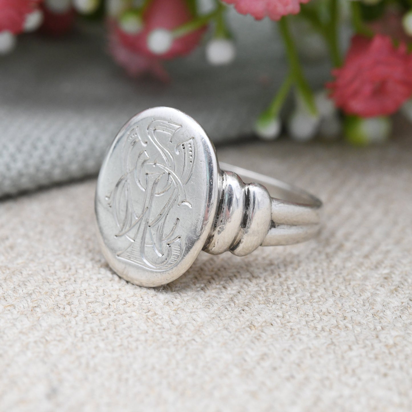 Vintage Silver Monogram Signet Ring - Large Chunky Engraved Initial Ring | Sentimental Silver Jewellery | UK Size - V 1/2 | US Size - 10 3/4