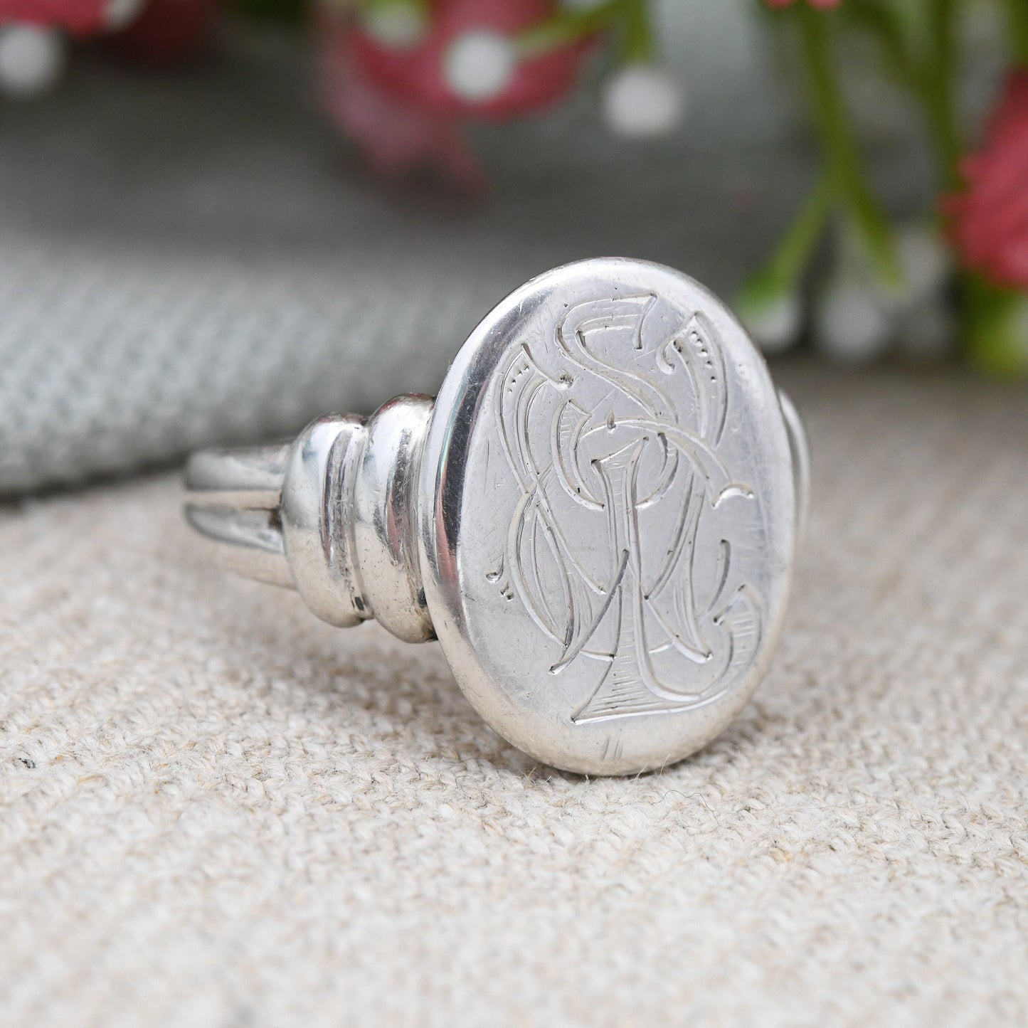 Vintage Silver Monogram Signet Ring - Large Chunky Engraved Initial Ring | Sentimental Silver Jewellery | UK Size - V 1/2 | US Size - 10 3/4