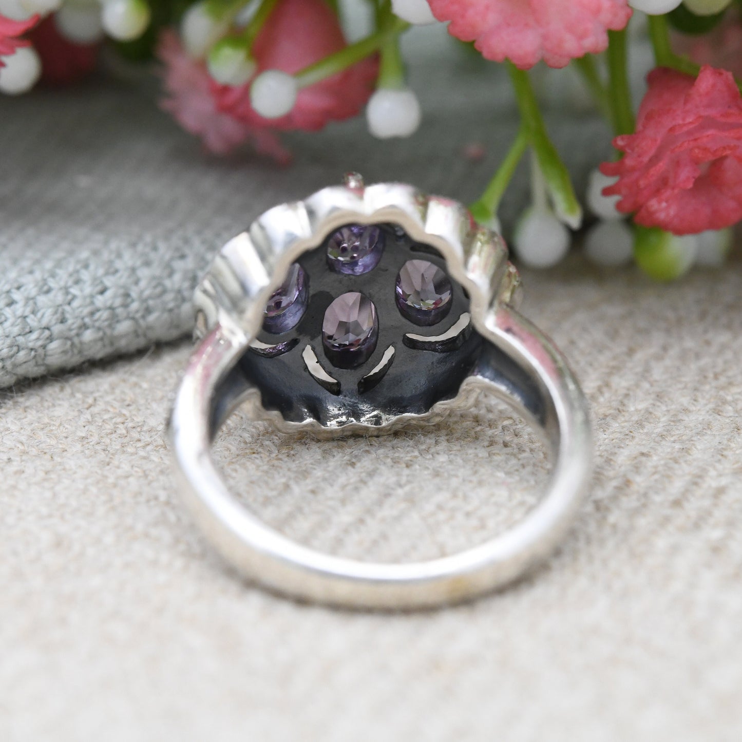 Vintage Sterling Silver Amethyst Marcasite Ring - Chunky Sparkly Statement Cocktail Ring | UK Size - N | US Size - 6 3/4