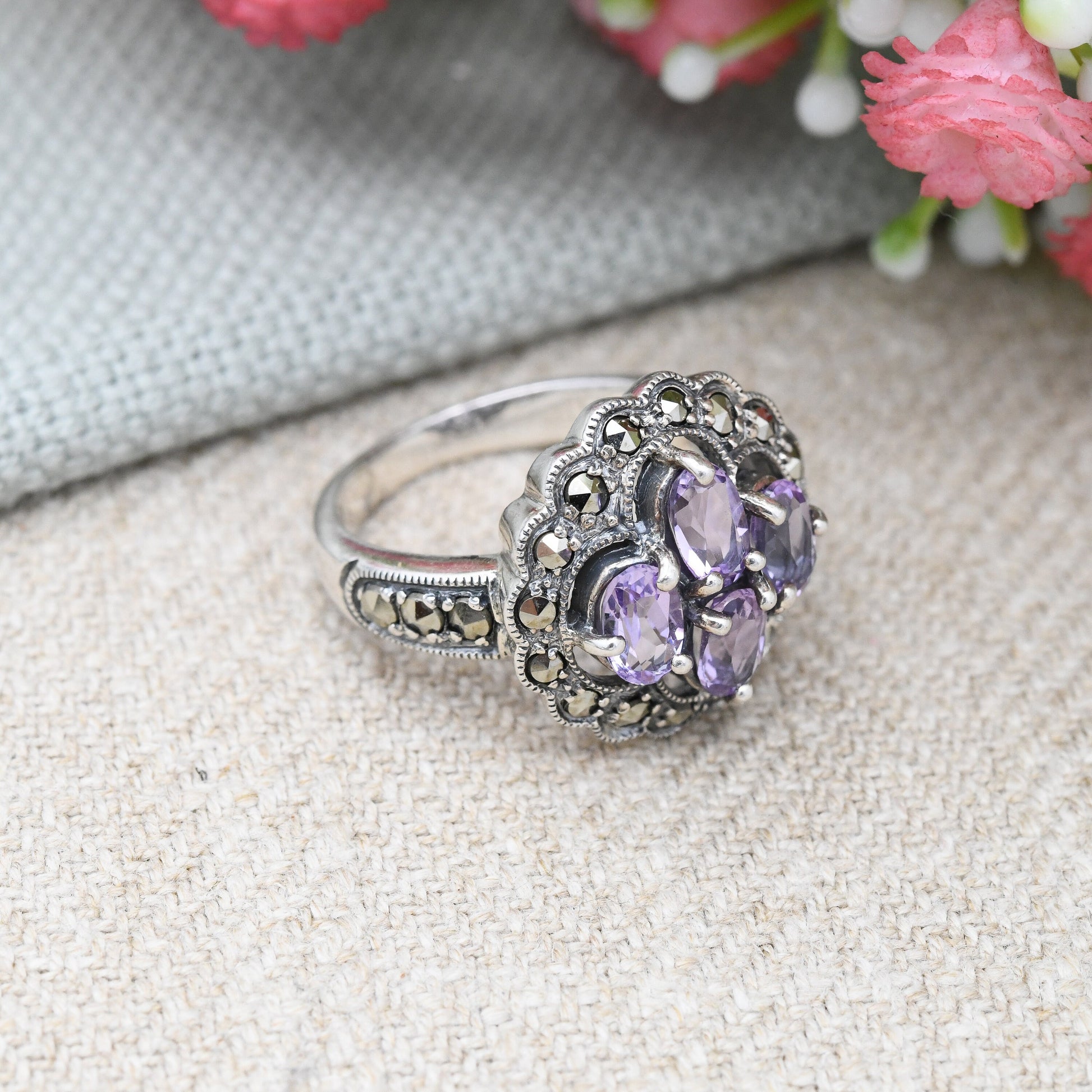 Vintage Sterling Silver Amethyst Marcasite Ring - Chunky Sparkly Statement Cocktail Ring | UK Size - N | US Size - 6 3/4