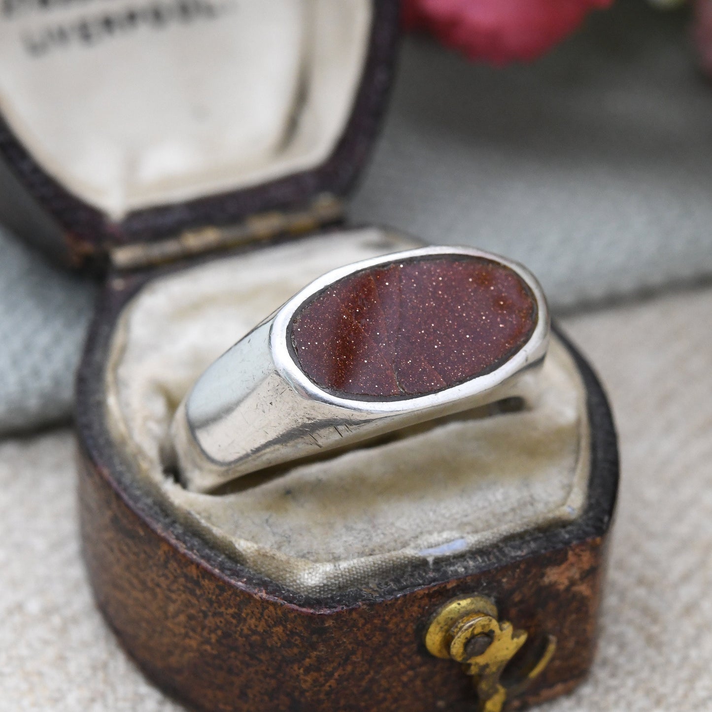 Vintage Mexican Sterling Silver Goldstone Signet Ring - Chunky Mid-Century Modernist | Taxco Mexico Signed | UK Size - S | US Size - 9