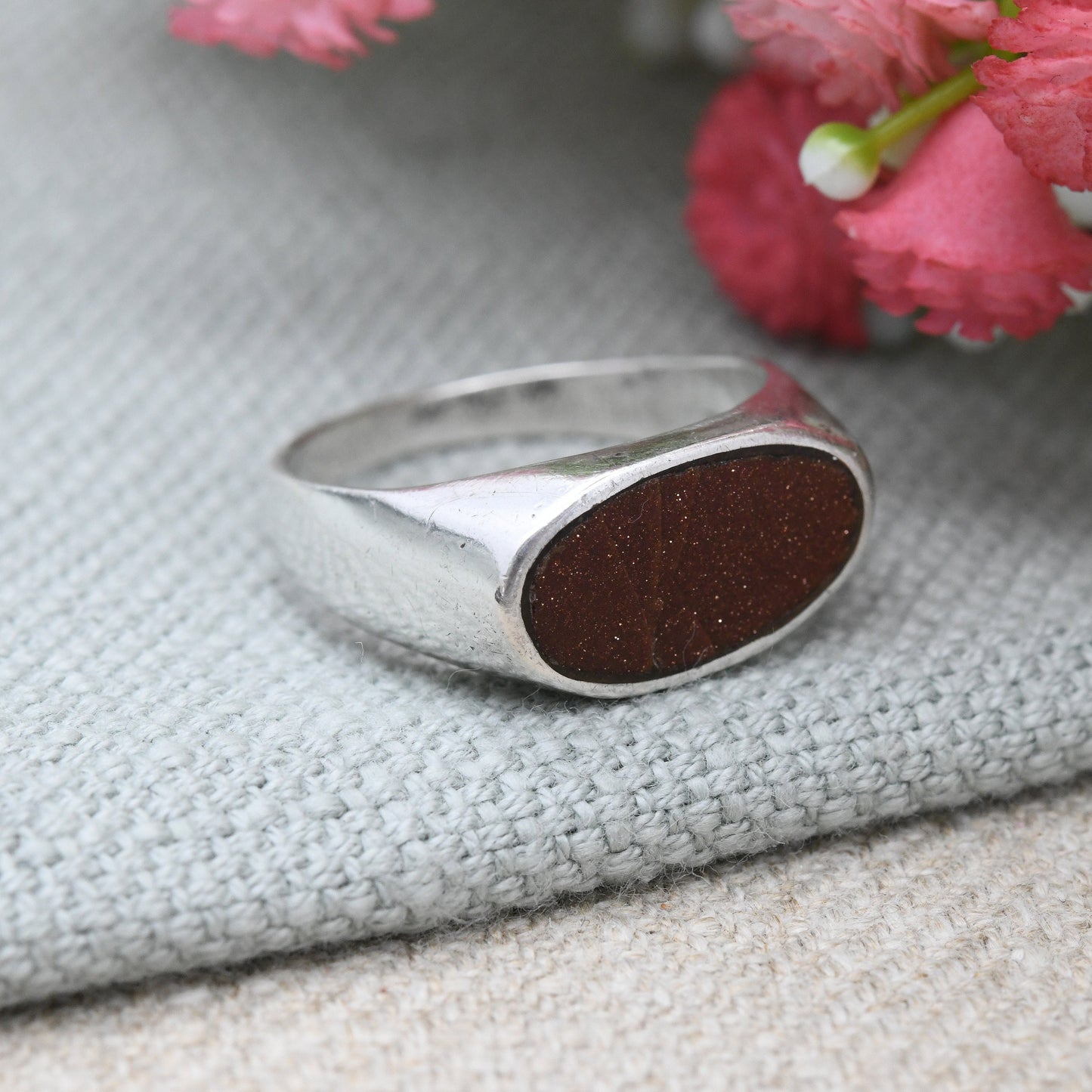 Vintage Mexican Sterling Silver Goldstone Signet Ring - Chunky Mid-Century Modernist | Taxco Mexico Signed | UK Size - S | US Size - 9