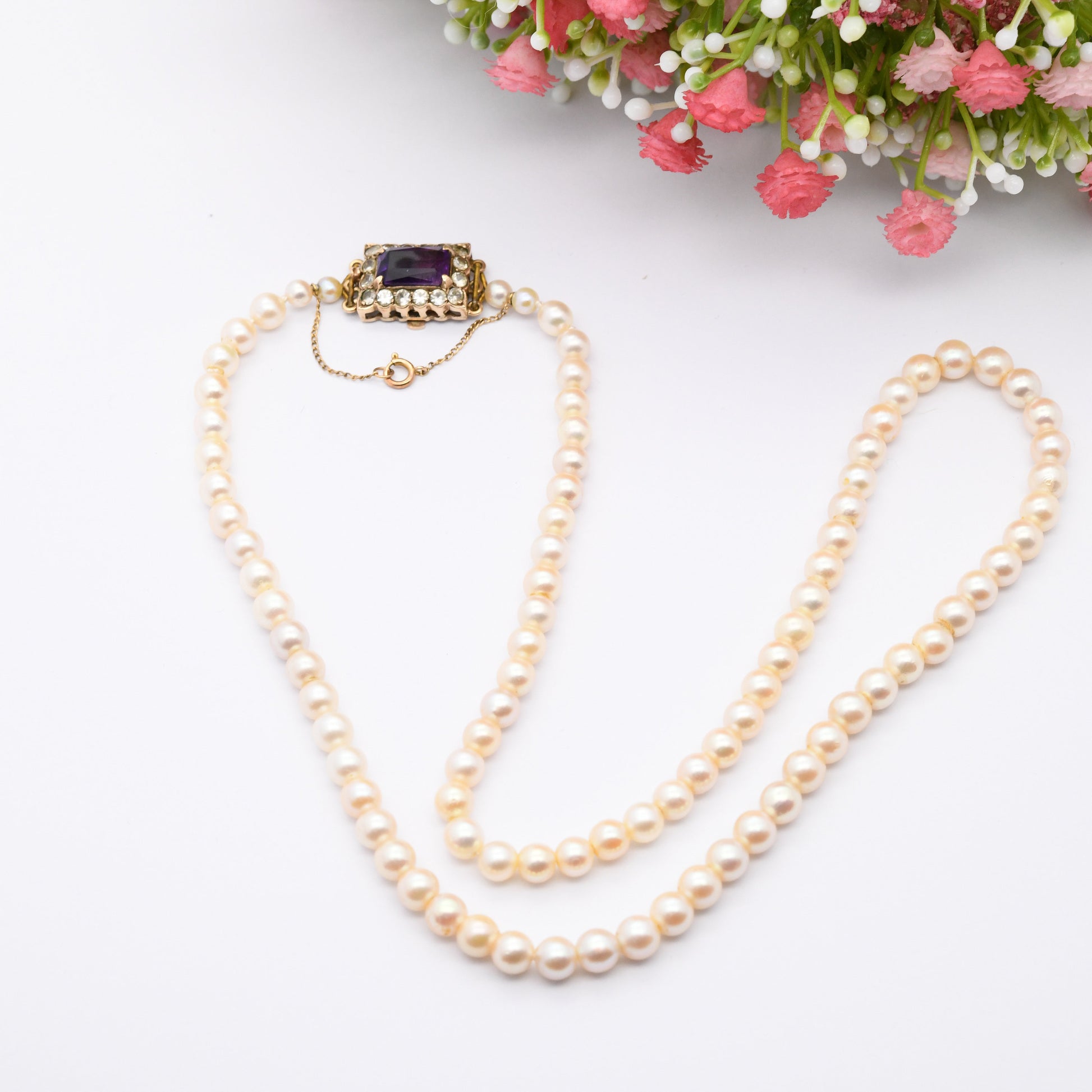 Vintage 9ct Gold Clasp Pearl Necklace in Vintage Ciro Box Receipt - Beautiful Amethyst Crystal Clasp | Length 20" 51cm | Round Cultured Bead