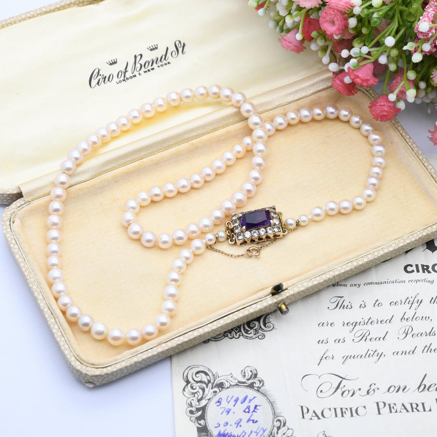 Vintage 9ct Gold Clasp Pearl Necklace in Vintage Ciro Box Receipt - Beautiful Amethyst Crystal Clasp | Length 20" 51cm | Round Cultured Bead