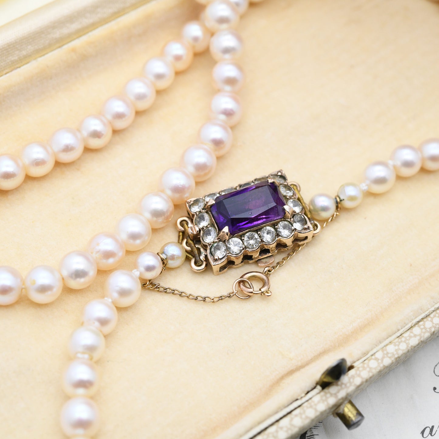 Vintage 9ct Gold Clasp Pearl Necklace in Vintage Ciro Box Receipt - Beautiful Amethyst Crystal Clasp | Length 20" 51cm | Round Cultured Bead