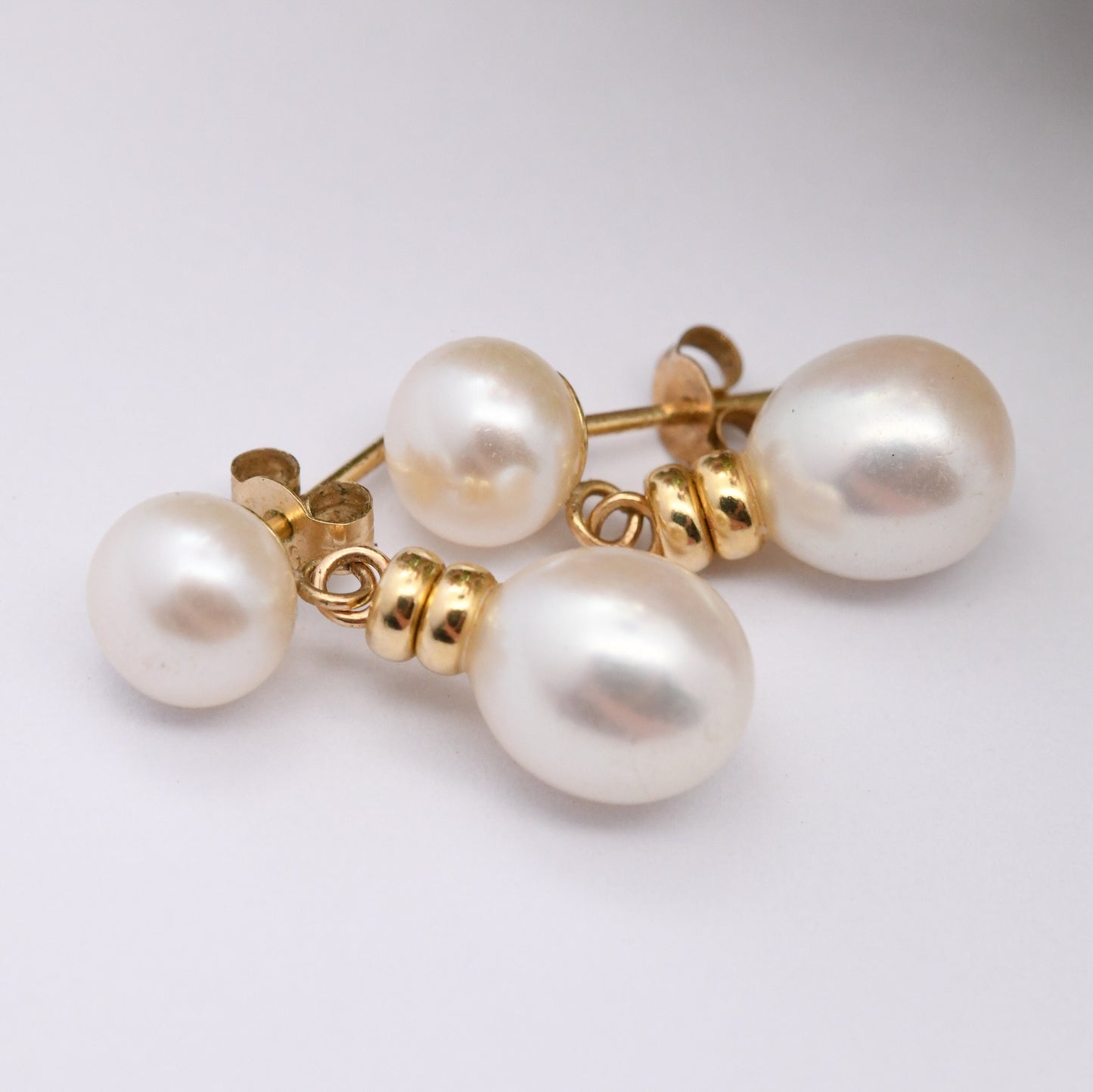 Vintage 14ct Gold Pearl Drop Earrings by Honora - White Cultured Pearls |Two Cultured Pearl Drops