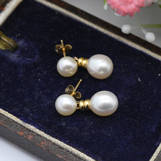 Vintage 14ct Gold Pearl Drop Earrings by Honora - White Cultured Pearls |Two Cultured Pearl Drops