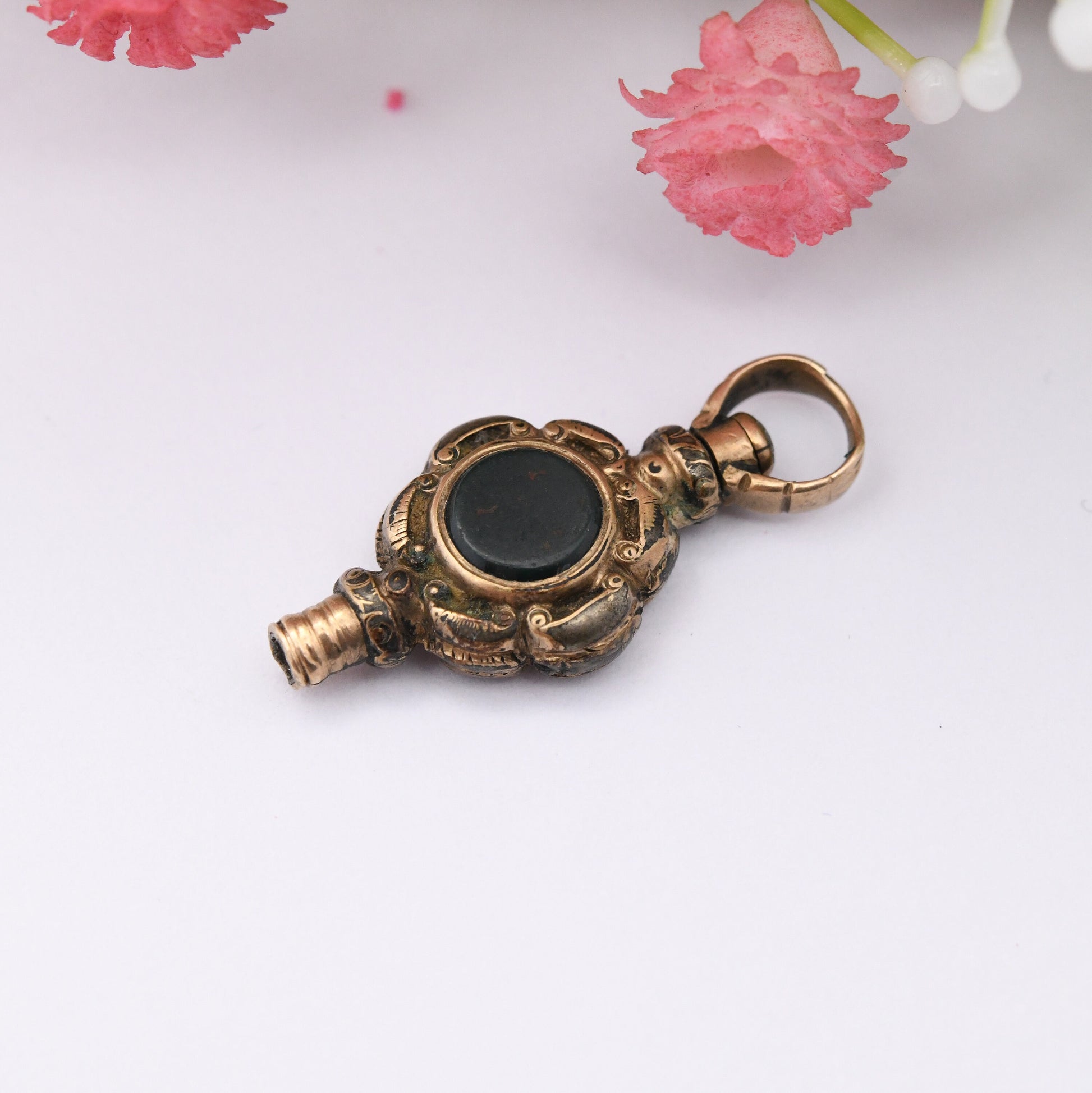 Antique Victorian Rolled Gold Onyx and Bloodstone Pocket Watch Key Spinning Fob Pendant - Unusual Charm | Intricate Design with Gemstones