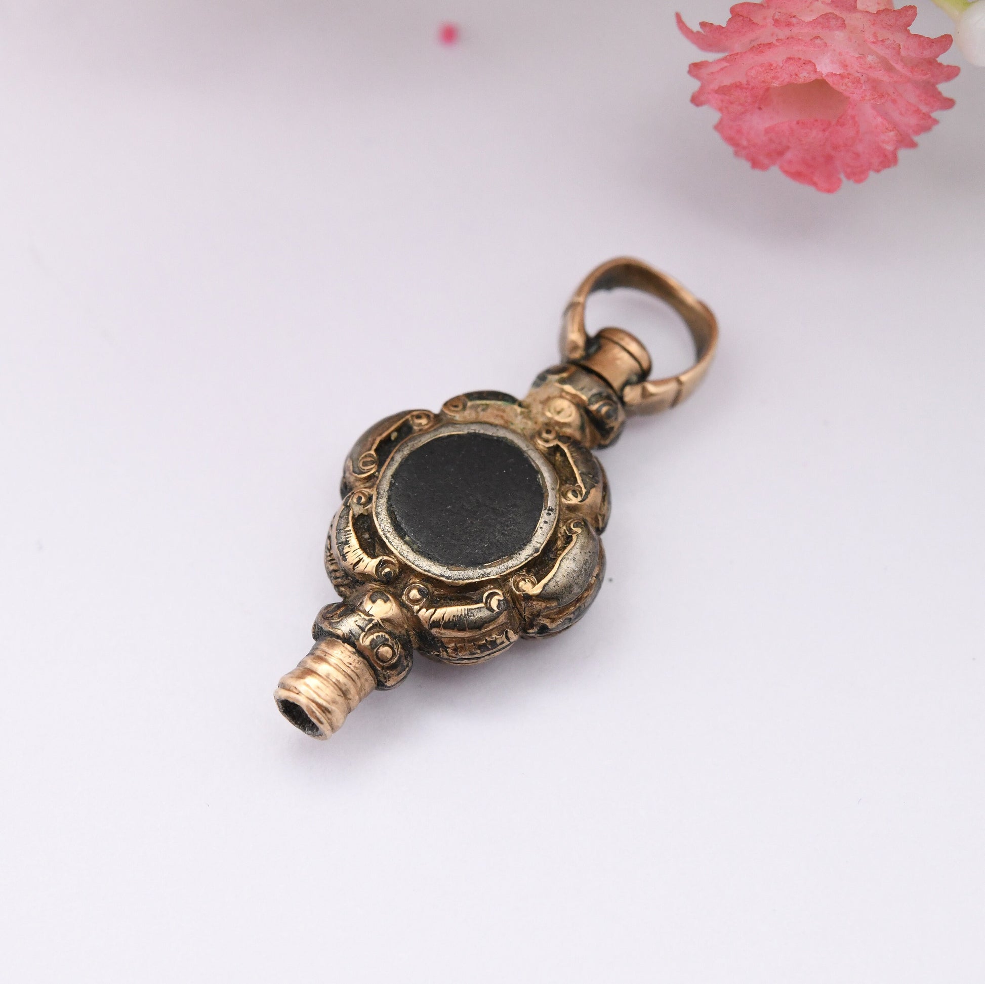 Antique Victorian Rolled Gold Onyx and Bloodstone Pocket Watch Key Spinning Fob Pendant - Unusual Charm | Intricate Design with Gemstones