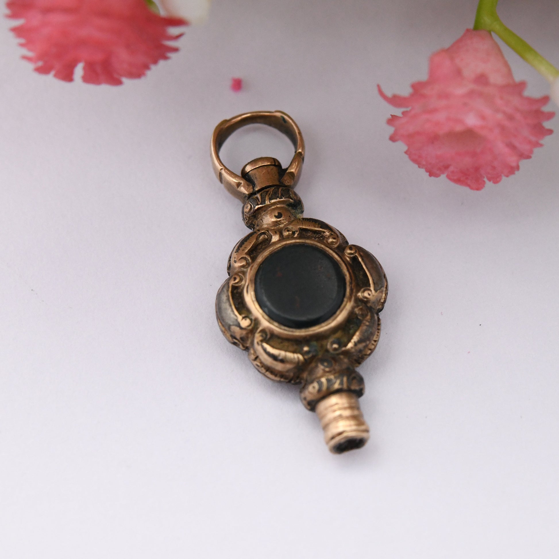 Antique Victorian Rolled Gold Onyx and Bloodstone Pocket Watch Key Spinning Fob Pendant - Unusual Charm | Intricate Design with Gemstones