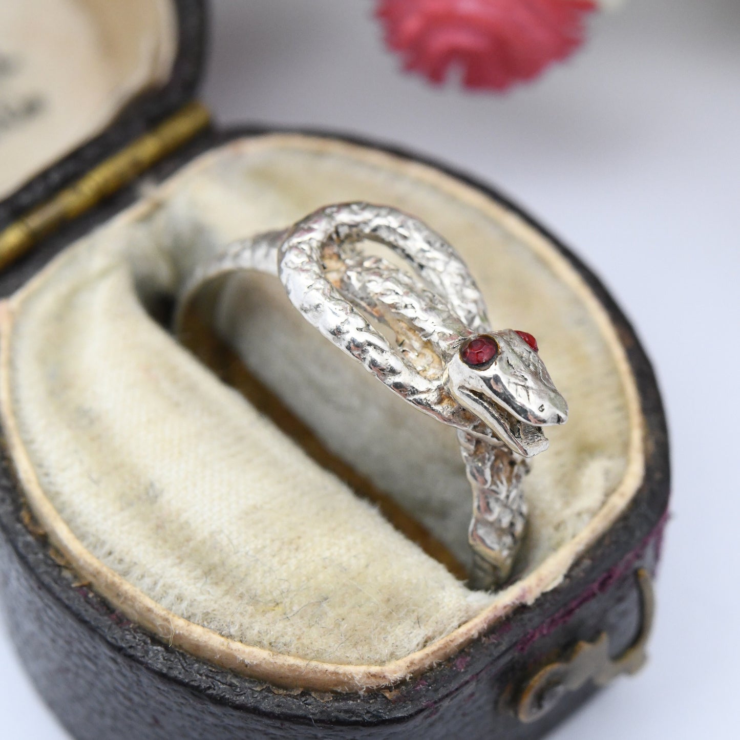 Vintage Silver Snake Ring with Red Heads - Coiled Snake Band Ouroboros | Portuguese Animal Jewellery | UK Size - Q | US Size - 8