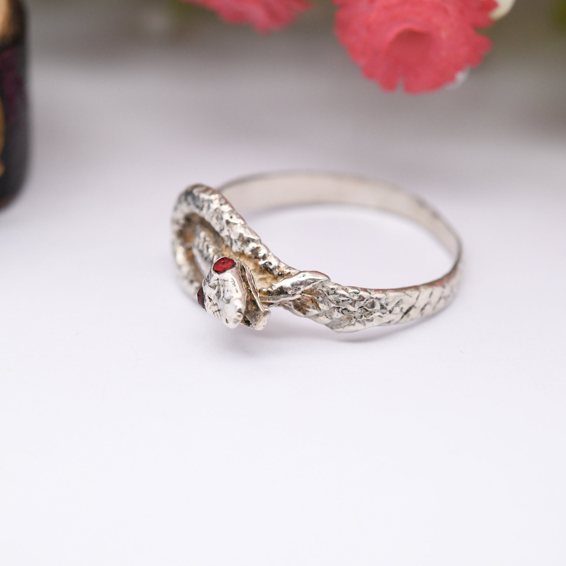 Vintage Silver Snake Ring with Red Heads - Coiled Snake Band Ouroboros | Portuguese Animal Jewellery | UK Size - Q | US Size - 8