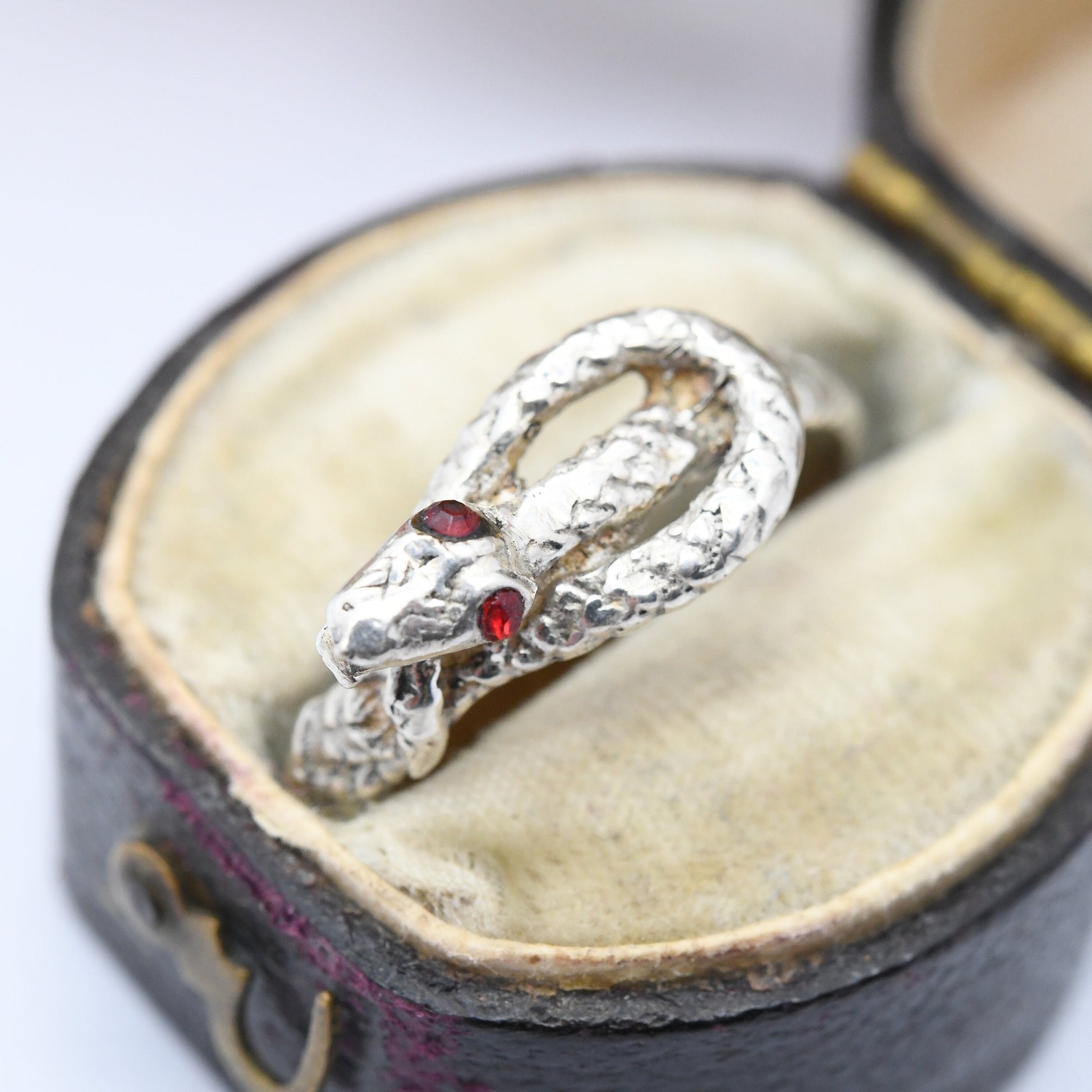 Vintage Silver Snake Ring with Red Heads - Coiled Snake Band Ouroboros | Portuguese Animal Jewellery | UK Size - Q | US Size - 8