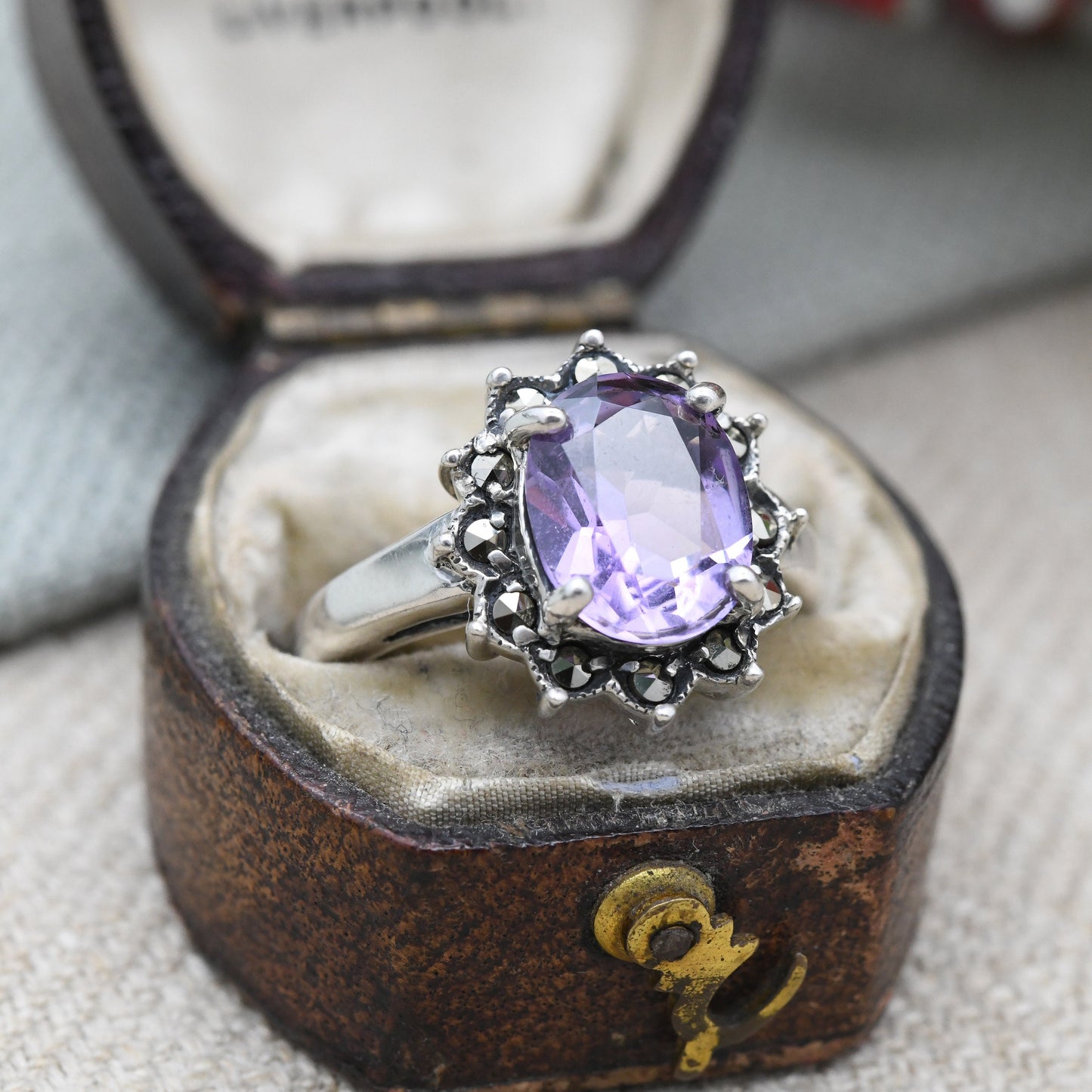 Vintage Sterling Silver Amethyst and Marcasite Flower Ring - Cocktail Large Purple Stone with Floral Halo | UK Size - L 1/2 | US Size - 6