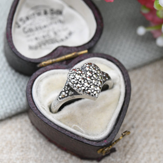 Vintage Silver Marcasite Heart Ring - Sparkly Puffed Heart Jewellery | Gift for Her | UK Size - K 1/2 | US Size - 5 1/2