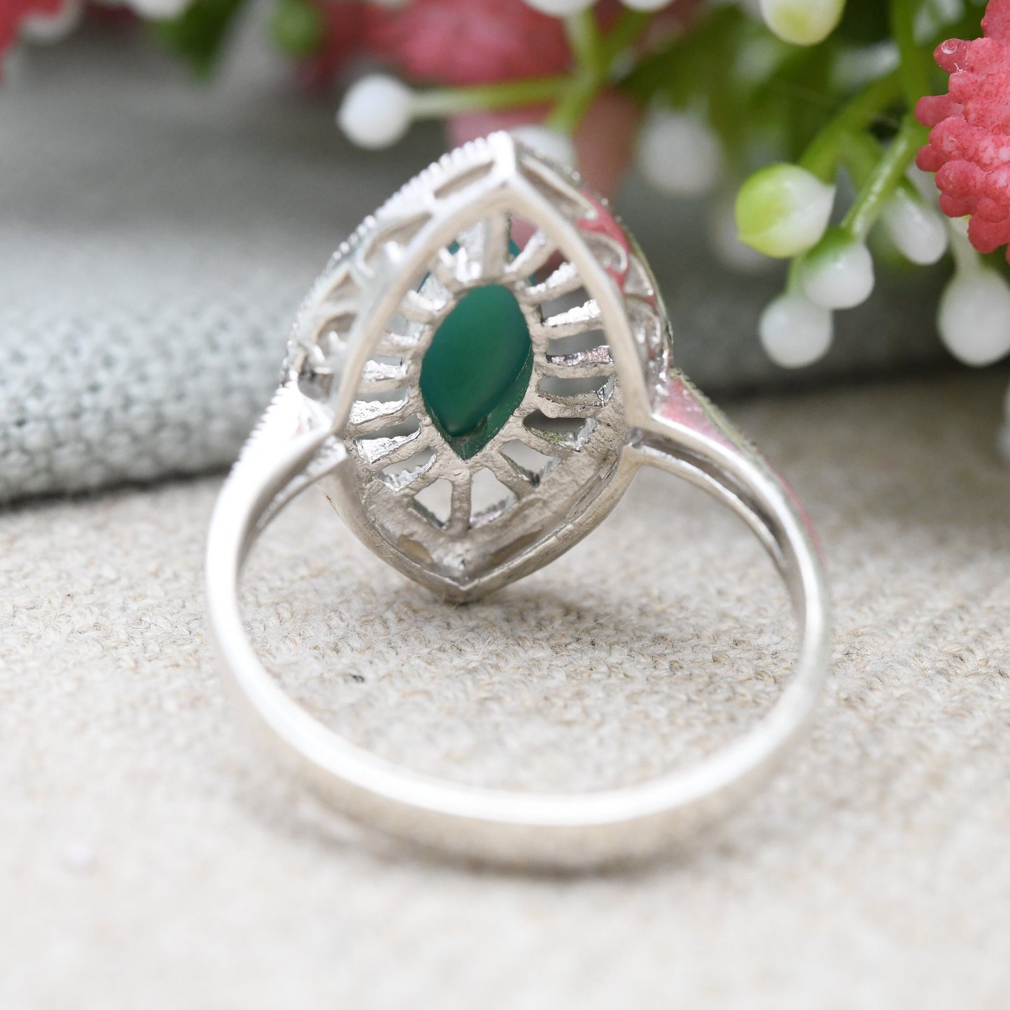 Vintage Sterling Silver Chrysoprase Marcasite Ring - Art Deco Style Navette Shape Statement Cocktail Ring | UK Size - S | US Size - 9