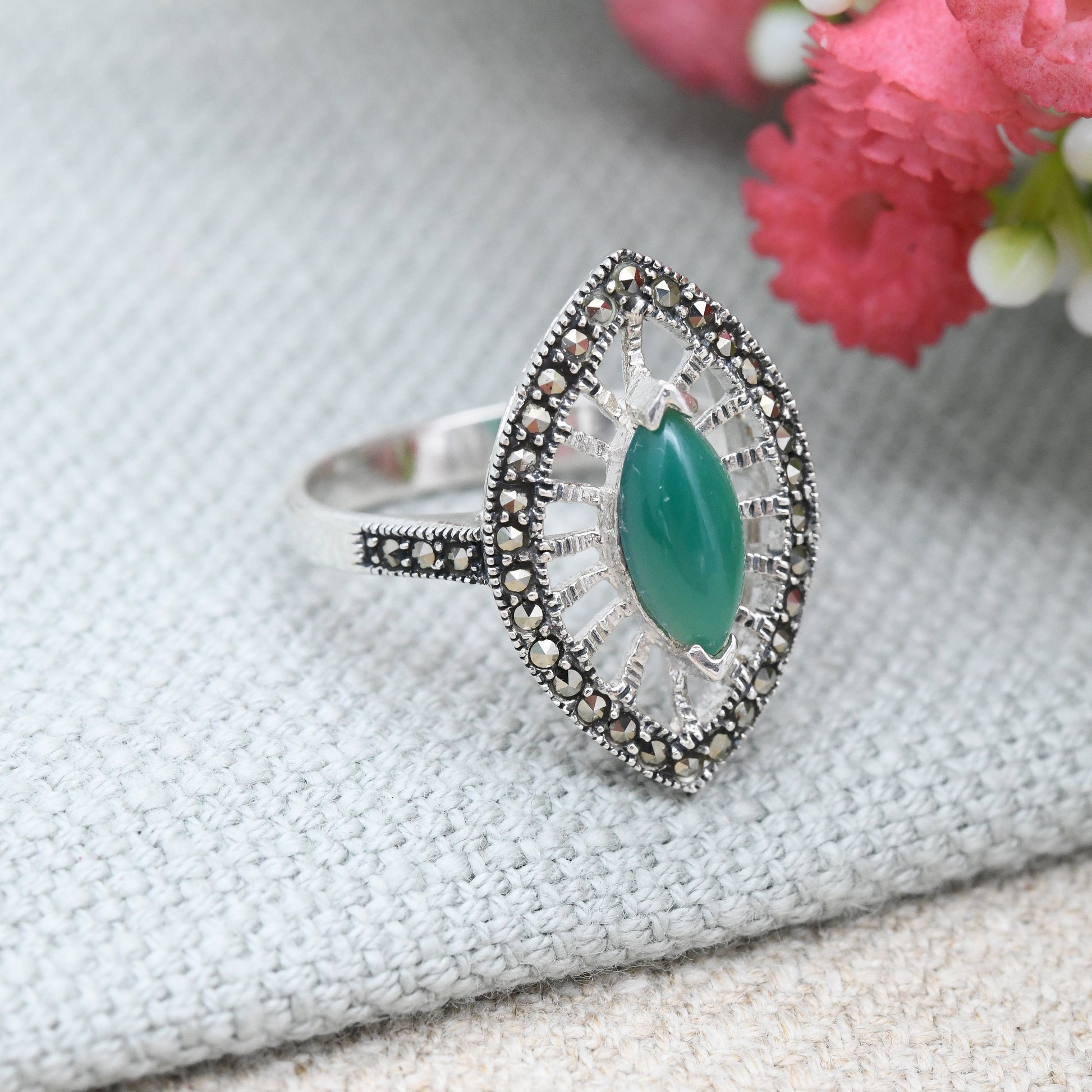 Vintage Sterling Silver Chrysoprase Marcasite Ring - Art Deco Style Navette Shape Statement Cocktail Ring | UK Size - S | US Size - 9