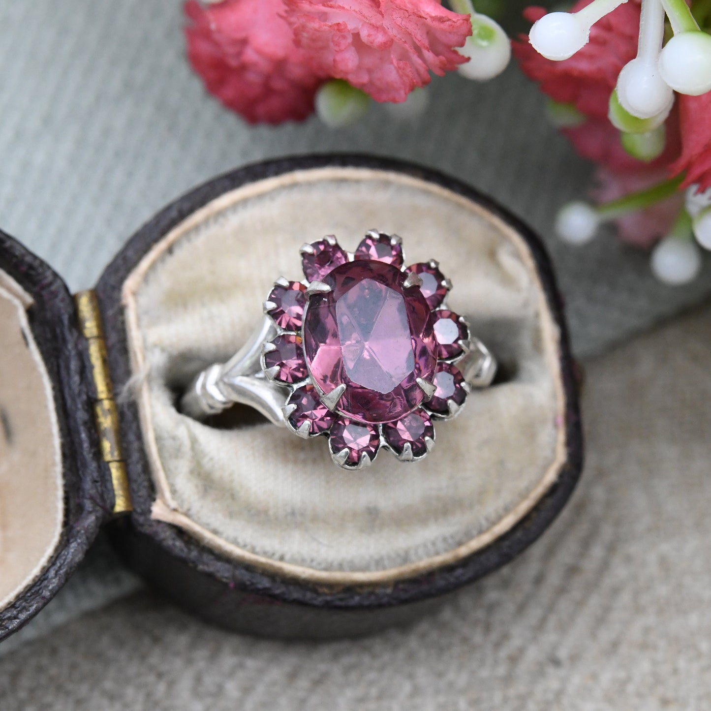 Vintage Sterling Silver Rhinestone Flower Ring - Faceted Purple Glass Stone | Statement Cocktail | Adjustable UK Size - N | US Size - 6 1/2