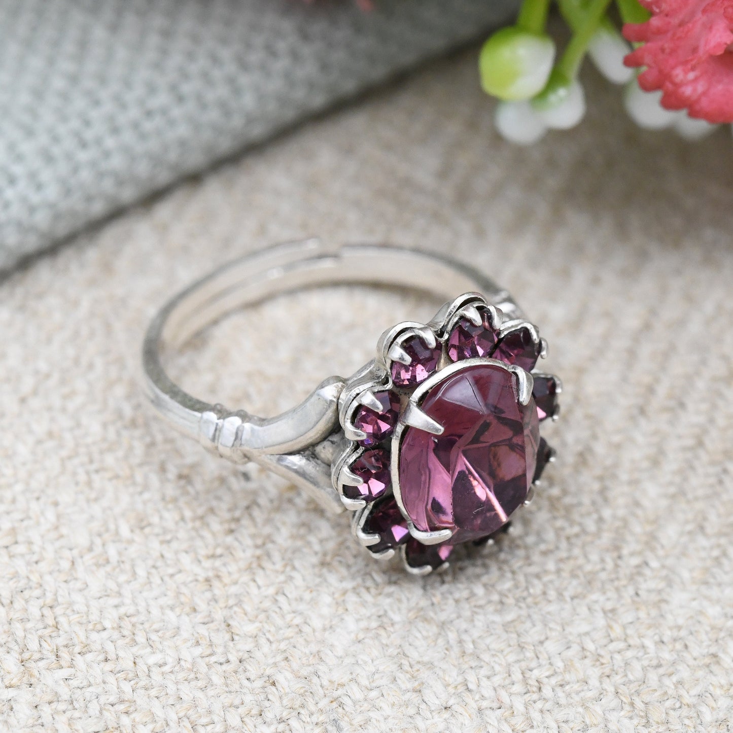 Vintage Sterling Silver Rhinestone Flower Ring - Faceted Purple Glass Stone | Statement Cocktail | Adjustable UK Size - N | US Size - 6 1/2