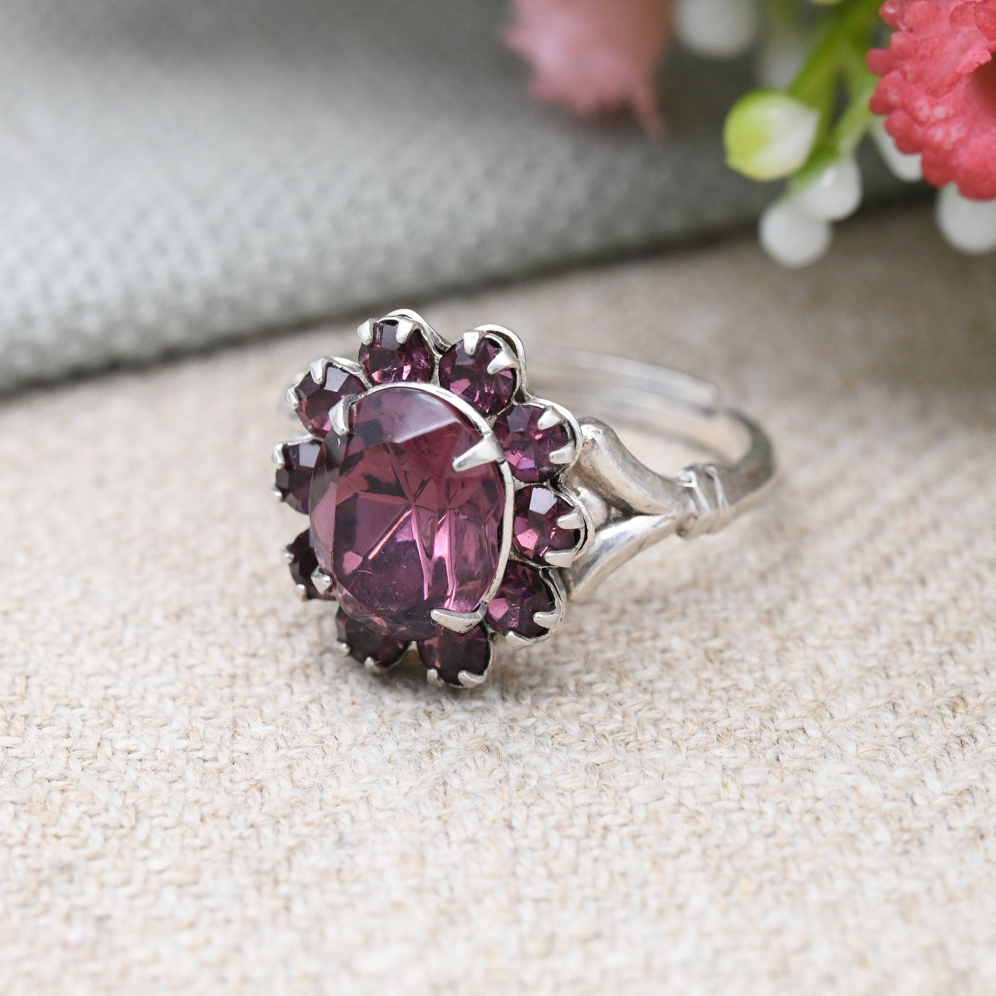 Vintage Sterling Silver Rhinestone Flower Ring - Faceted Purple Glass Stone | Statement Cocktail | Adjustable UK Size - N | US Size - 6 1/2