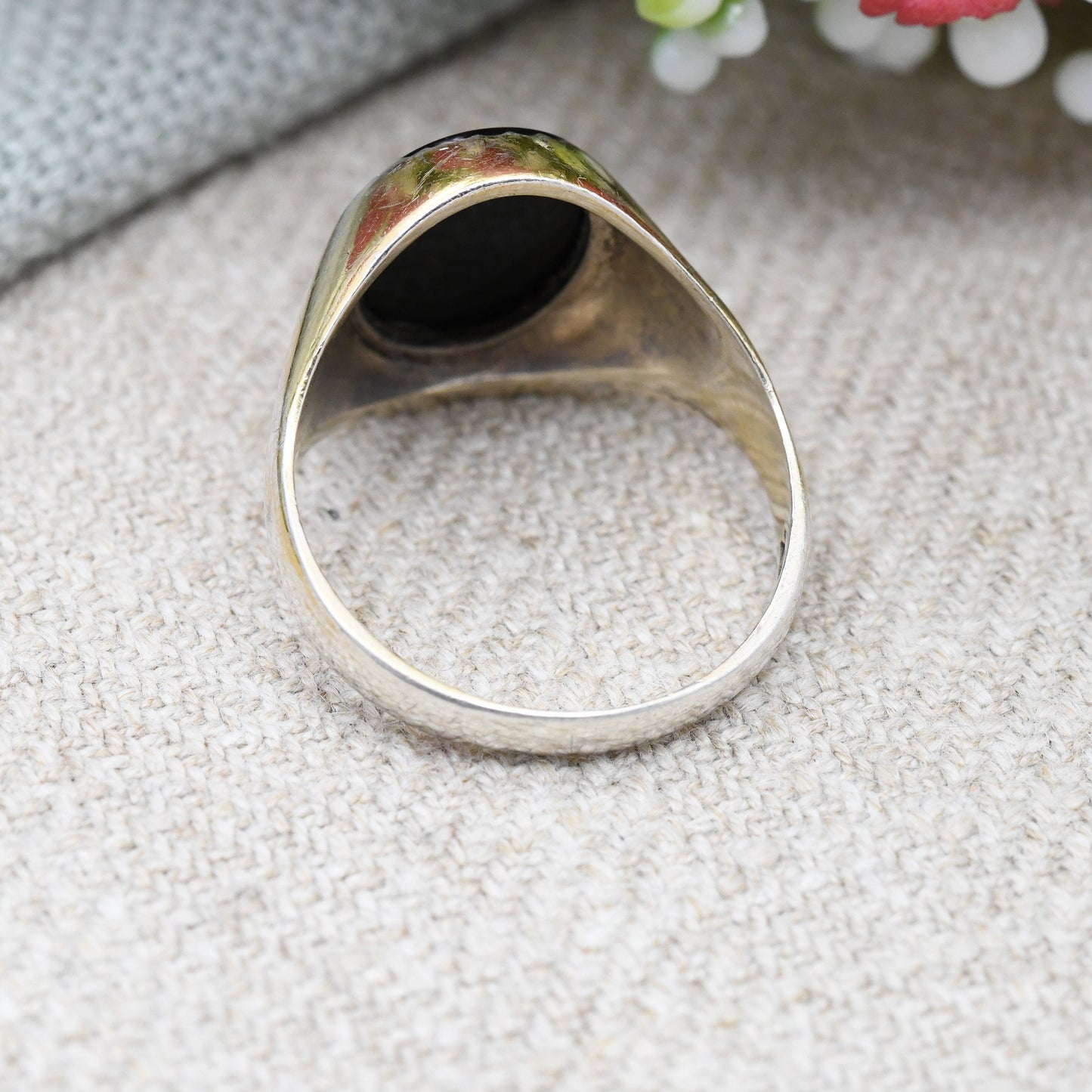 Vintage Gold Plated Sterling Silver Onyx Signet Ring - 22ct On Silver | Chunky Large Unisex Jewellery | UK Size - R | US Size - 8 1/2