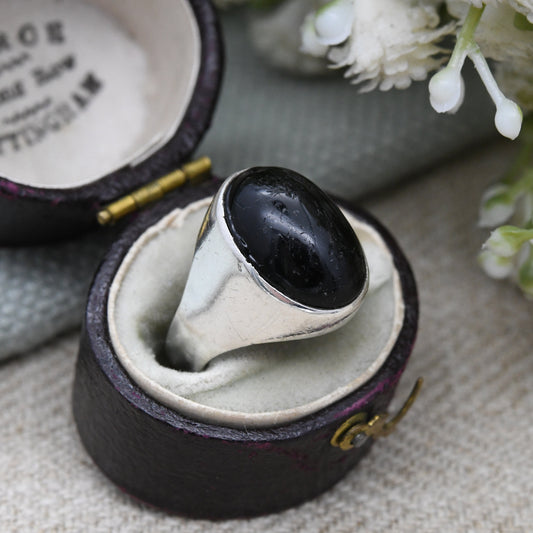 Vintage Sterling Silver Black Stone Statement Ring - Mid-Century Signet | Large Cabochon | UK Size - M | US Size - 6 1/4