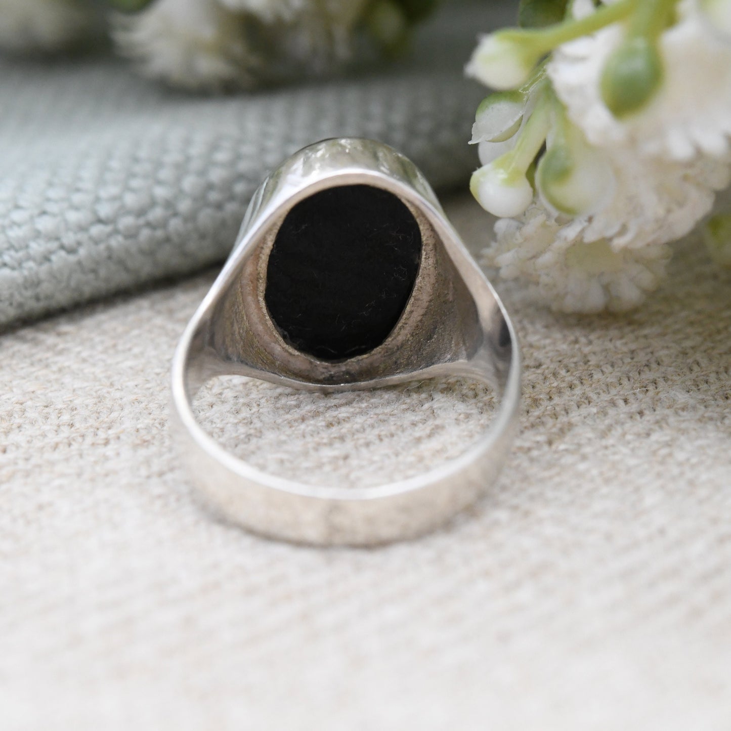 Vintage Sterling Silver Black Stone Statement Ring - Mid-Century Signet | Large Cabochon | UK Size - M | US Size - 6 1/4