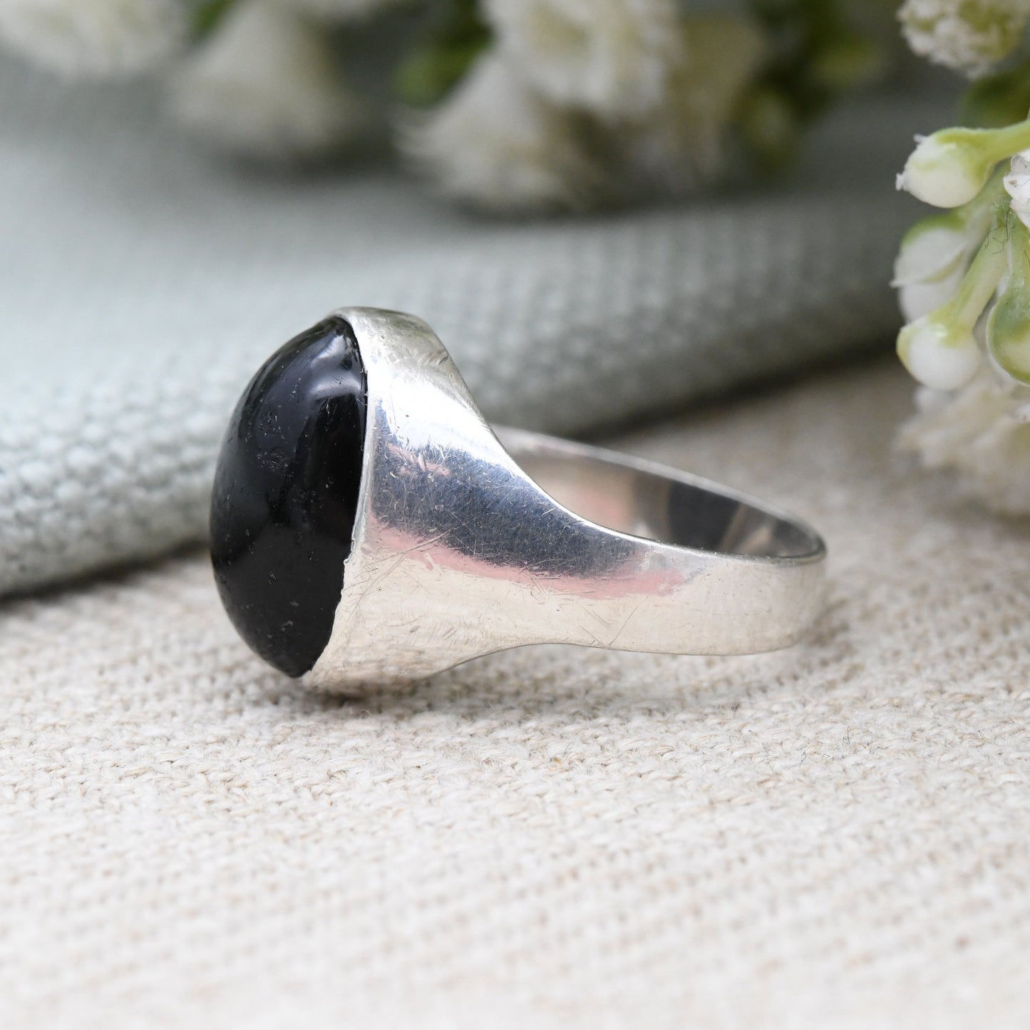 Vintage Sterling Silver Black Stone Statement Ring - Mid-Century Signet | Large Cabochon | UK Size - M | US Size - 6 1/4