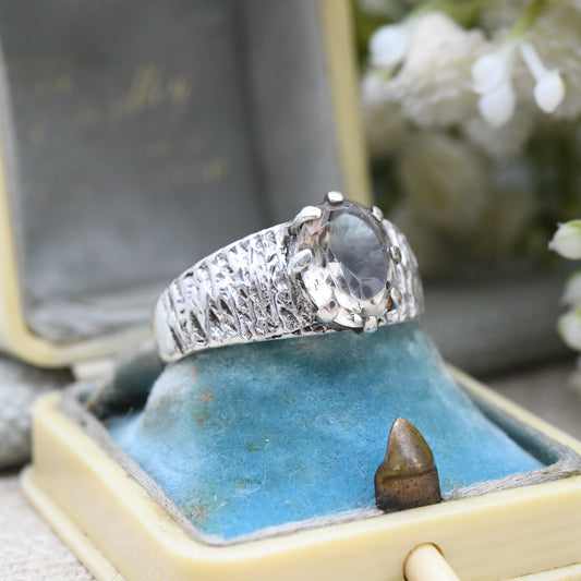 Vintage Brutalist Sterling Silver Smoky Quartz Ring - Faceted Gemstone | Chunky Mid-Century Textured Band | UK Size - Q 1/2 US Size - 8 1/4