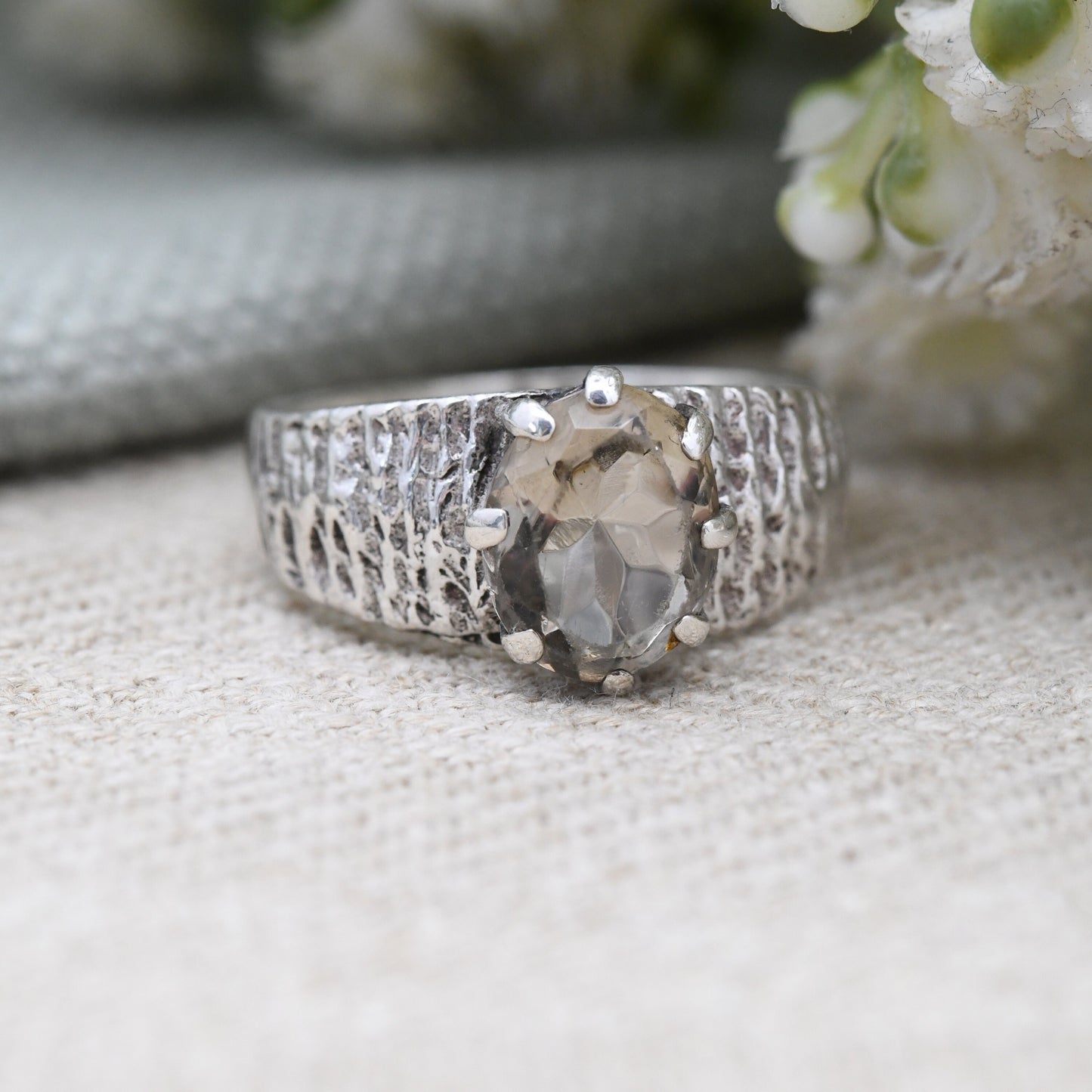 Vintage Brutalist Sterling Silver Smoky Quartz Ring - Faceted Gemstone | Chunky Mid-Century Textured Band | UK Size - Q 1/2 US Size - 8 1/4