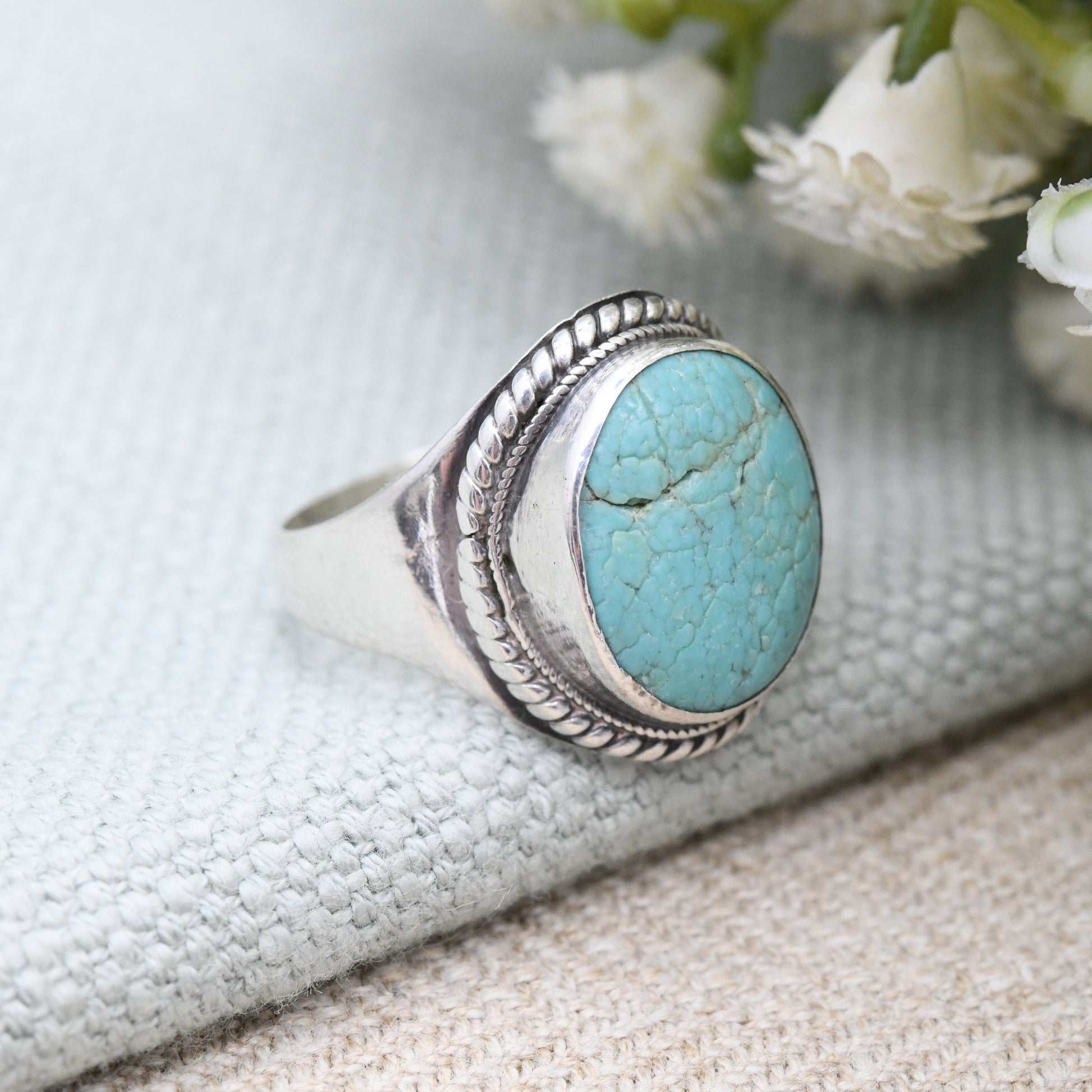 Vintage Sterling Silver Blue Stone Ring with Rope Twist Bezel - Statement Sky Blue Stone | Pitted Cabochon | UK Size - Q | US Size - 8 1/4