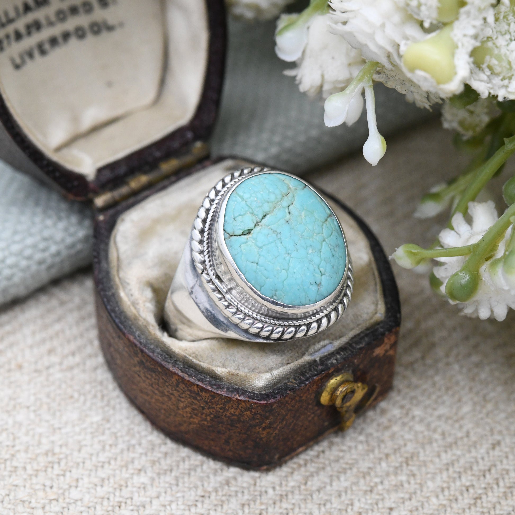 Vintage Sterling Silver Blue Stone Ring with Rope Twist Bezel - Statement Sky Blue Stone | Pitted Cabochon | UK Size - Q | US Size - 8 1/4