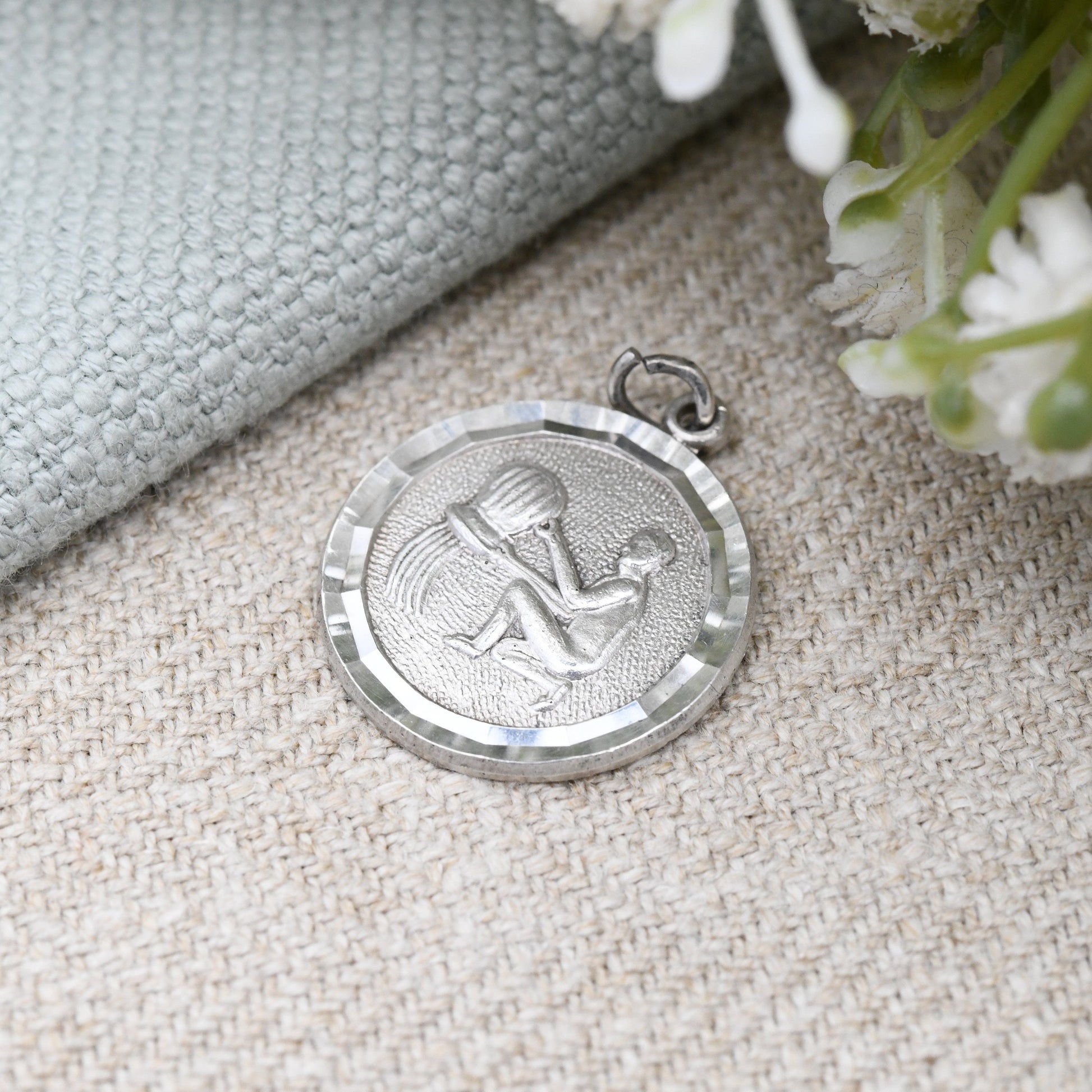 Vintage Silver Aquarius Pendant Water Carrier - Horoscope Zodiac Sign | Astrology Symbol Necklace | January February Birthday Gift